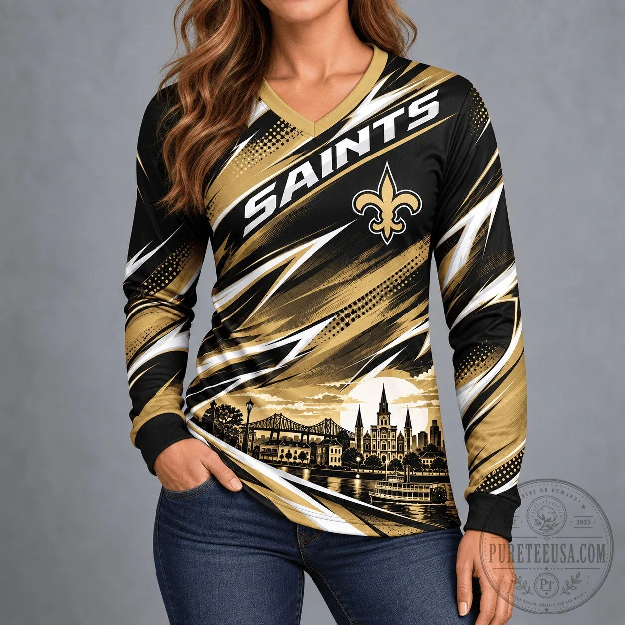 New Orleans Saints Football Team City Horizon Long-Sleeve V-Neck Shirt 2 New Orleans Saints Football Team City Horizon Long-Sleeve V-Neck Shirt