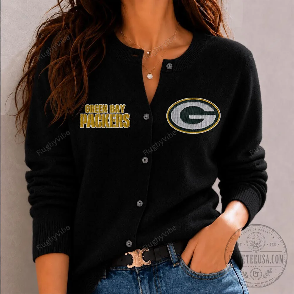 Green Bay Packers Embroidered Logo Black Cardigan Sweater for Women 2 Green Bay Packers Embroidered Logo Black Cardigan Sweater for Women