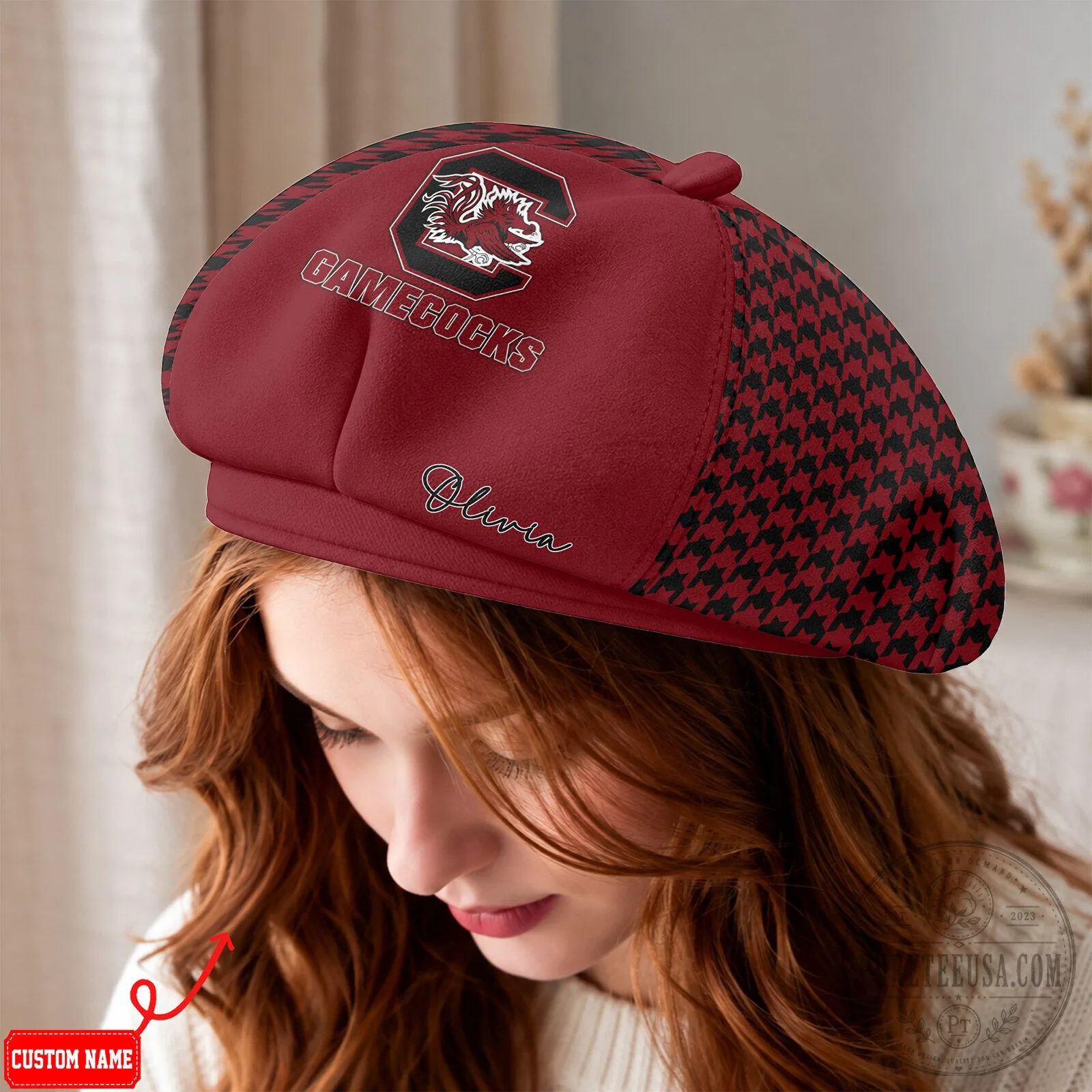 South Carolina Gamecocks Custom Name Houndstooth Beret Hat 8 South Carolina Gamecocks Custom Name Houndstooth Beret Hat
