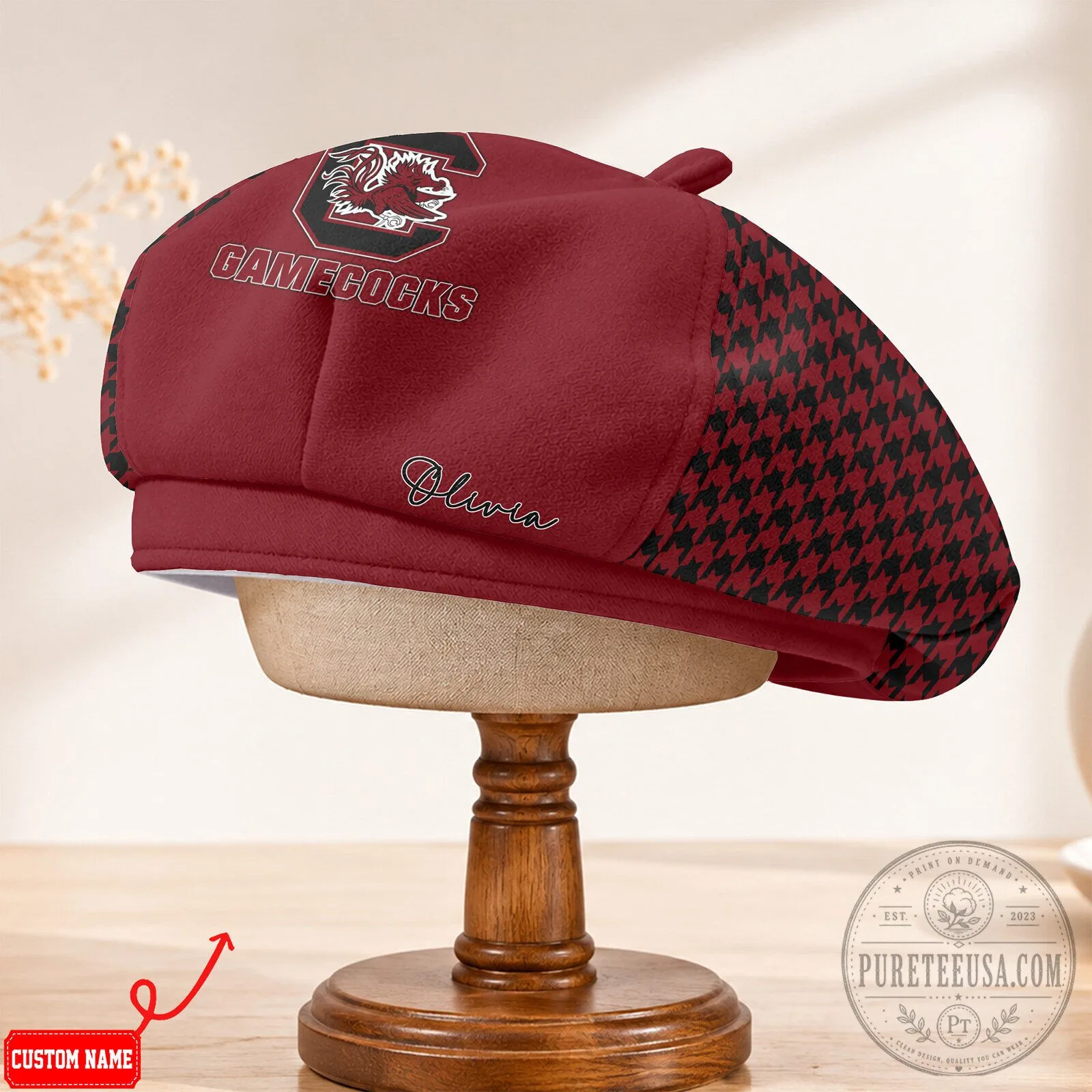 South Carolina Gamecocks Custom Name Houndstooth Beret Hat 11 South Carolina Gamecocks Custom Name Houndstooth Beret Hat