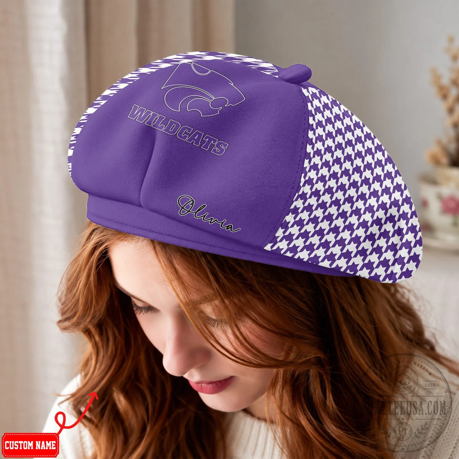 Kansas State Wildcats Houndstooth Custom Name Beret Hat 4 Kansas State Wildcats Houndstooth Custom Name Beret Hat