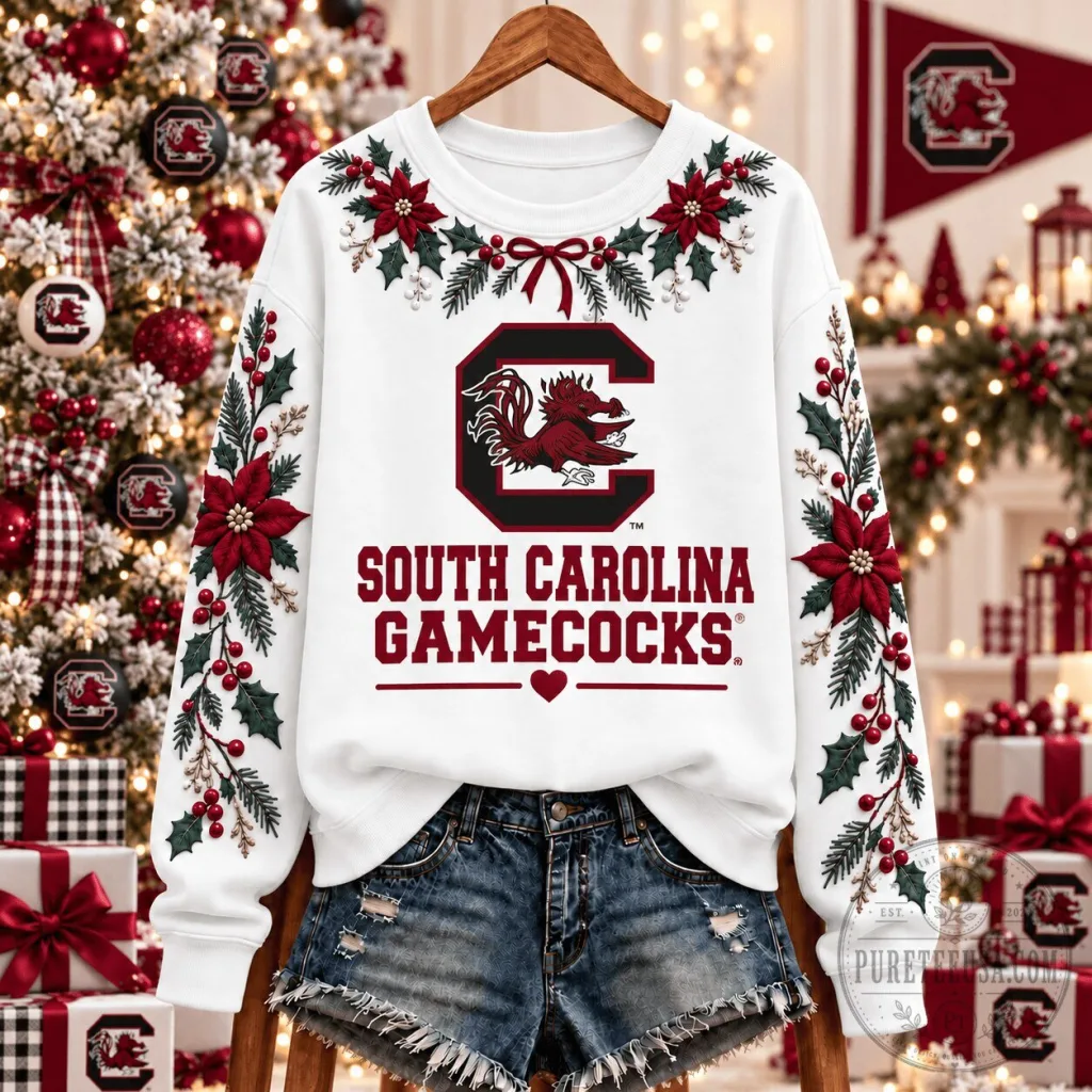 South Carolina Gamecocks Christmas Floral Embroidered Sweatshirt South Carolina Gamecocks Christmas Floral Embroidered Sweatshirt