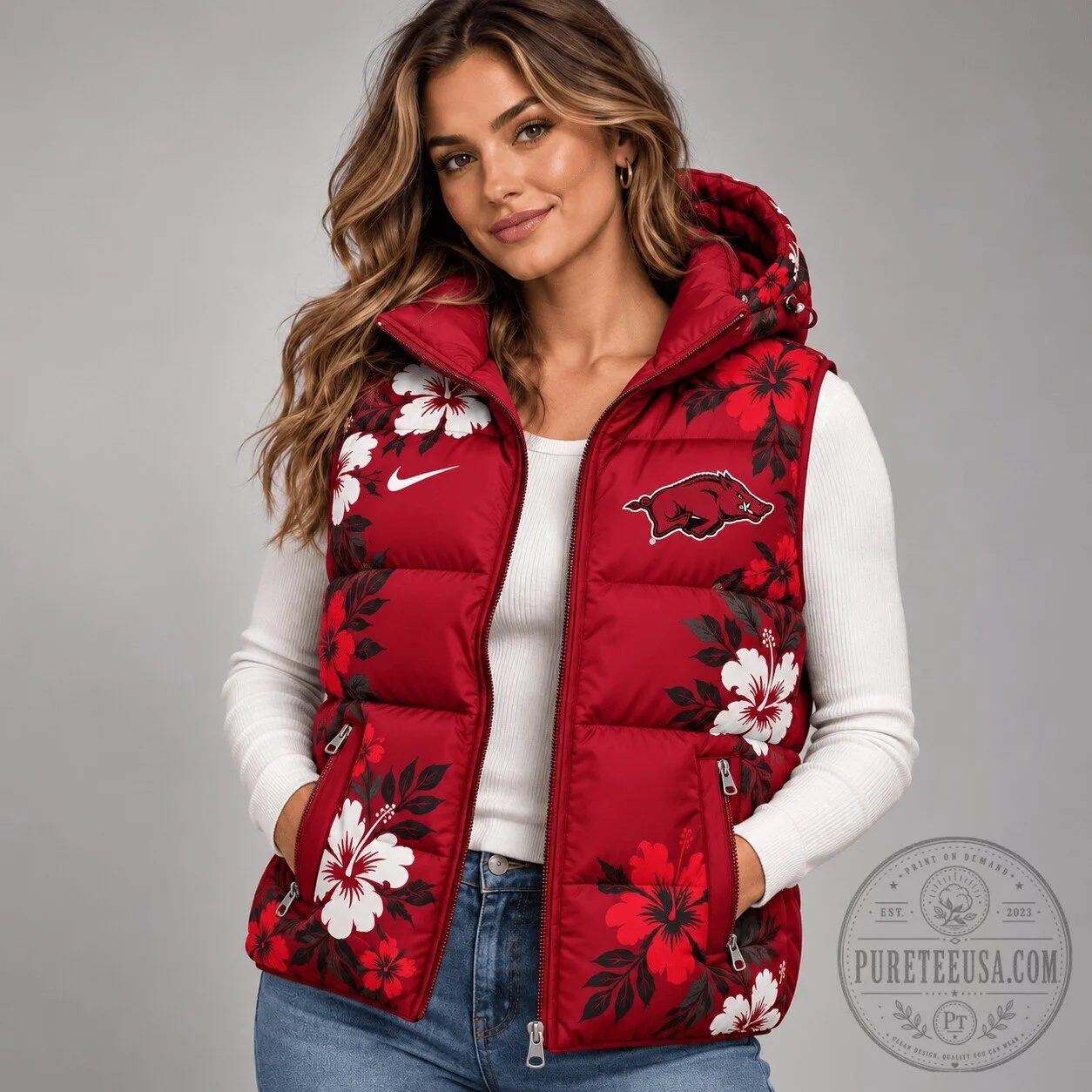 Arkansas Razorbacks Floral Puffer Vest with Hood for Women 2 Arkansas Razorbacks Floral Puffer Vest with Hood for Women