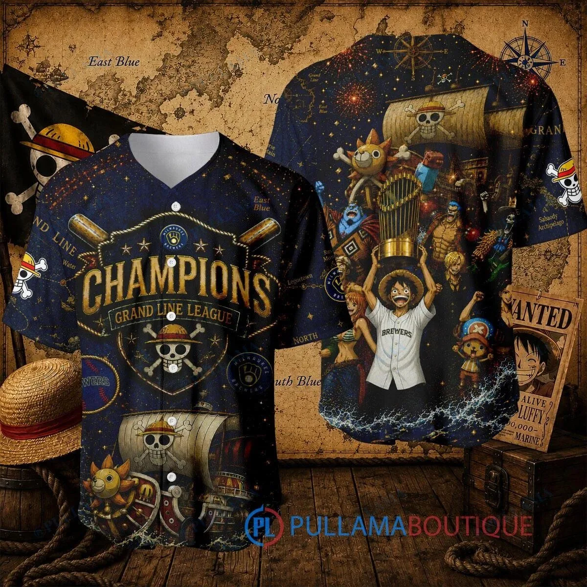 Milwaukee Brewers Baseball One Piece Luffy Grand Line League Champions Baseball Jersey 6 Milwaukee Brewers Baseball One Piece Luffy Grand Line League Champions Baseball Jersey