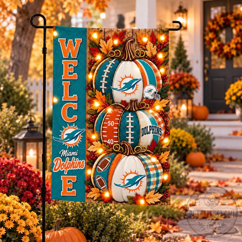 Miami Dolphins Halloween Pumpkin Stack Garden Flag Miami Dolphins Halloween Pumpkin Stack Garden Flag