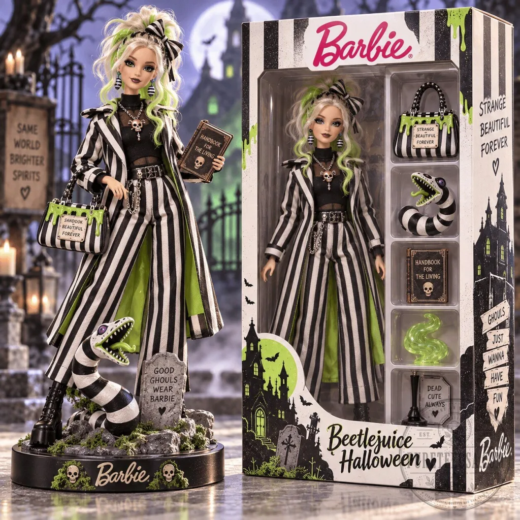 Beetlejuice Halloween Barbie Doll Collectible Figurine with Handbook for the Recently Deceased Beetlejuice Halloween Barbie Doll Collectible Figurine with Handbook for the Recently Deceased
