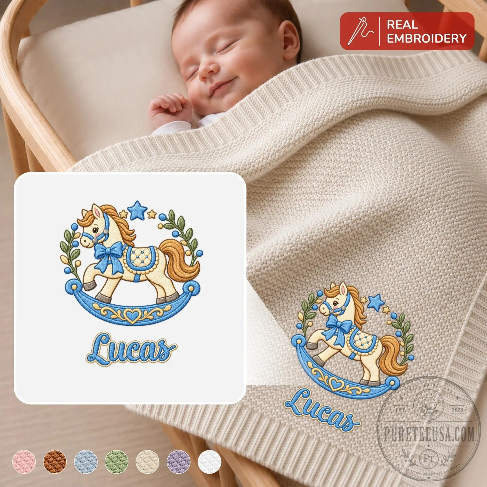 Personalized Baby Rocking Horse Embroidered Knit Blanket with Name