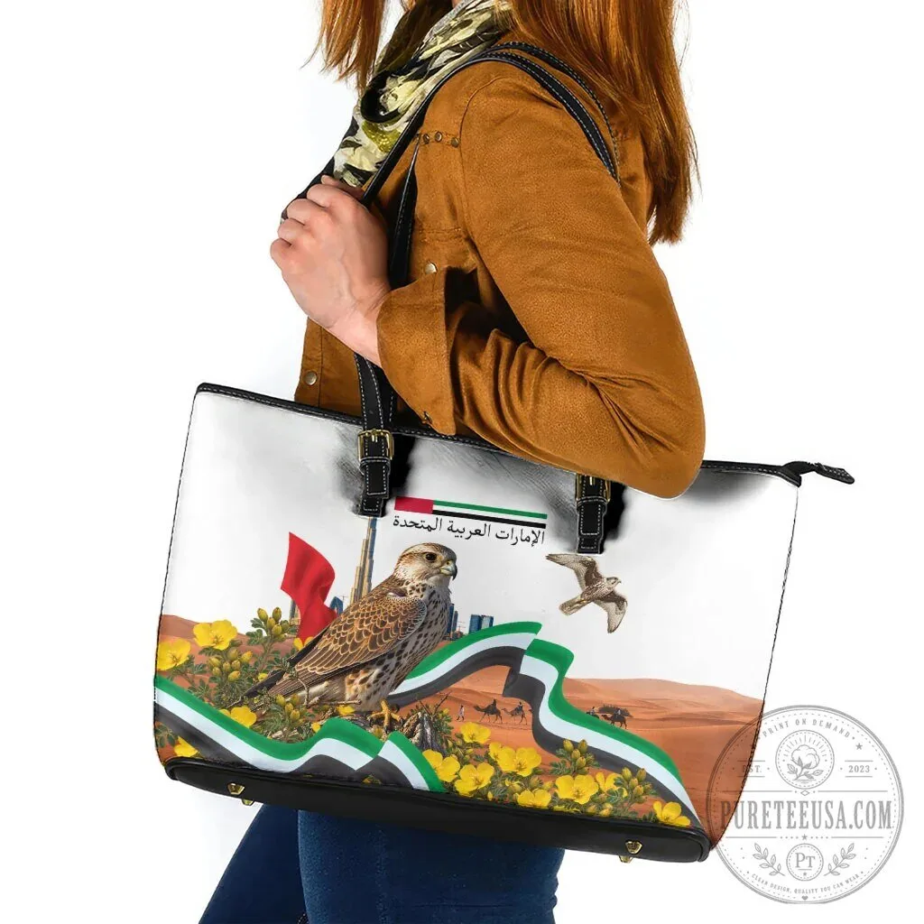 United Arab Emirates National Day Falcon and Burj Khalifa Leather Tote Bag 7 United Arab Emirates National Day Falcon and Burj Khalifa Leather Tote Bag