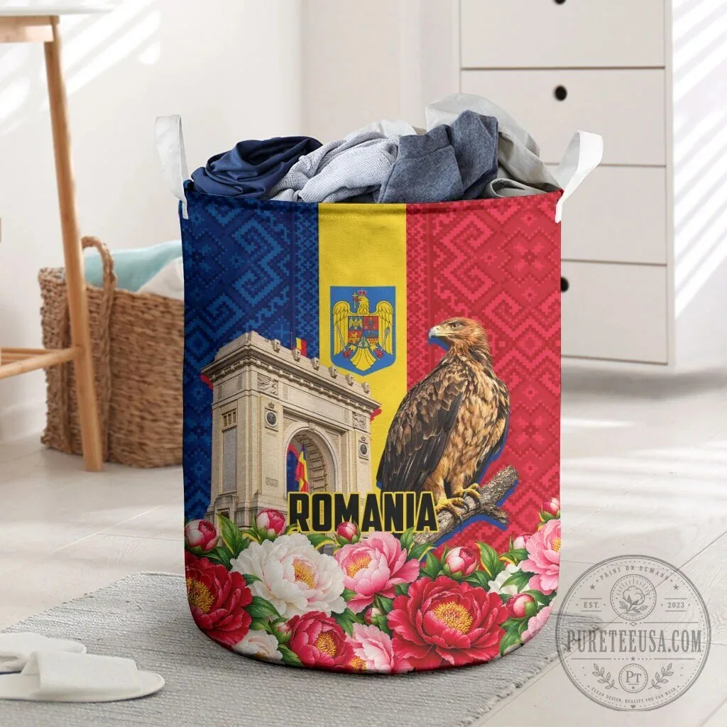 Romania Flag Eagle Arcul de Triumf Floral Peony Pattern Laundry Basket
