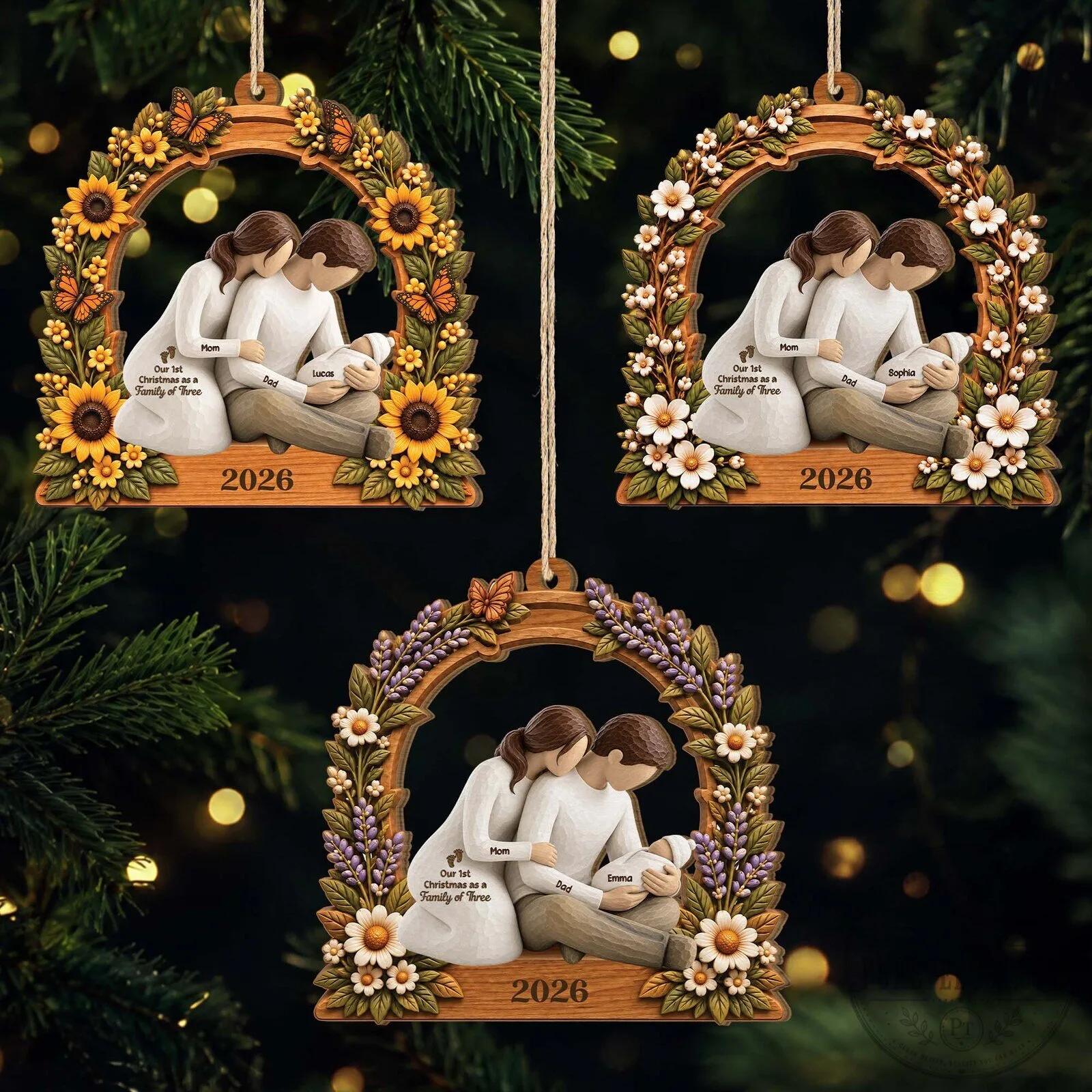 Our First Christmas as a Family of Three Personalized Wooden Ornament 5 Our First Christmas as a Family of Three Personalized Wooden Ornament