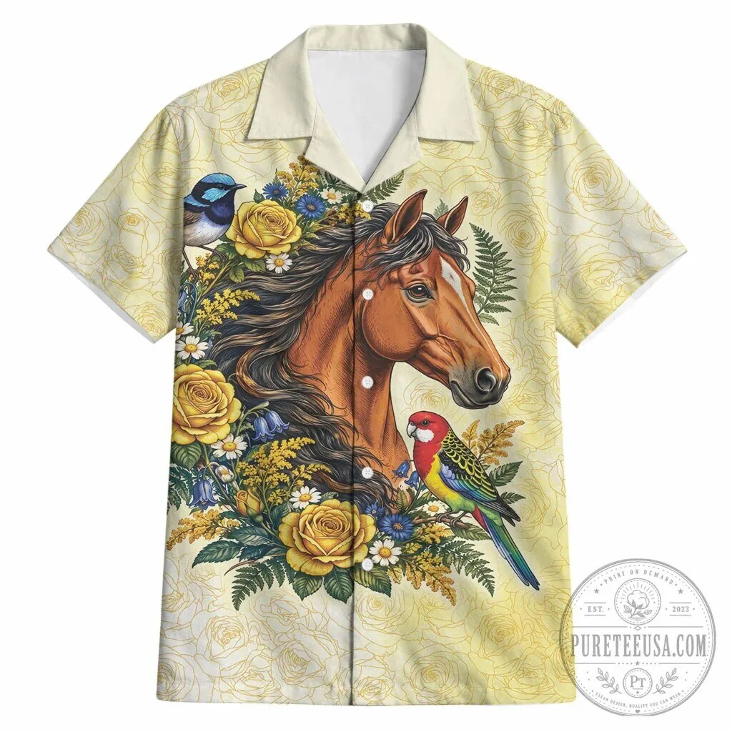 Elegant Horse and Yellow Rose Wreath Hawaiian Shirt with Australian Birds