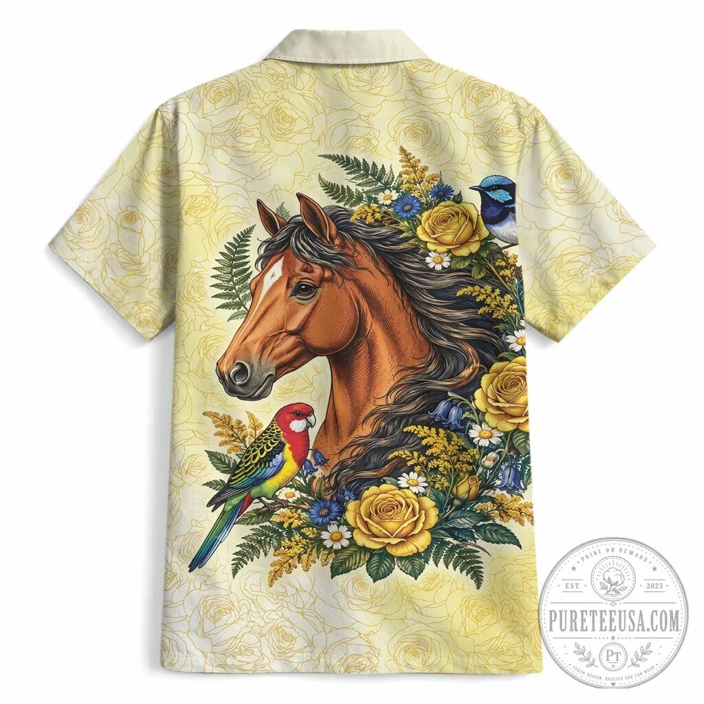 Elegant Horse and Yellow Rose Wreath Hawaiian Shirt with Australian Birds 11 Elegant Horse and Yellow Rose Wreath Hawaiian Shirt with Australian Birds