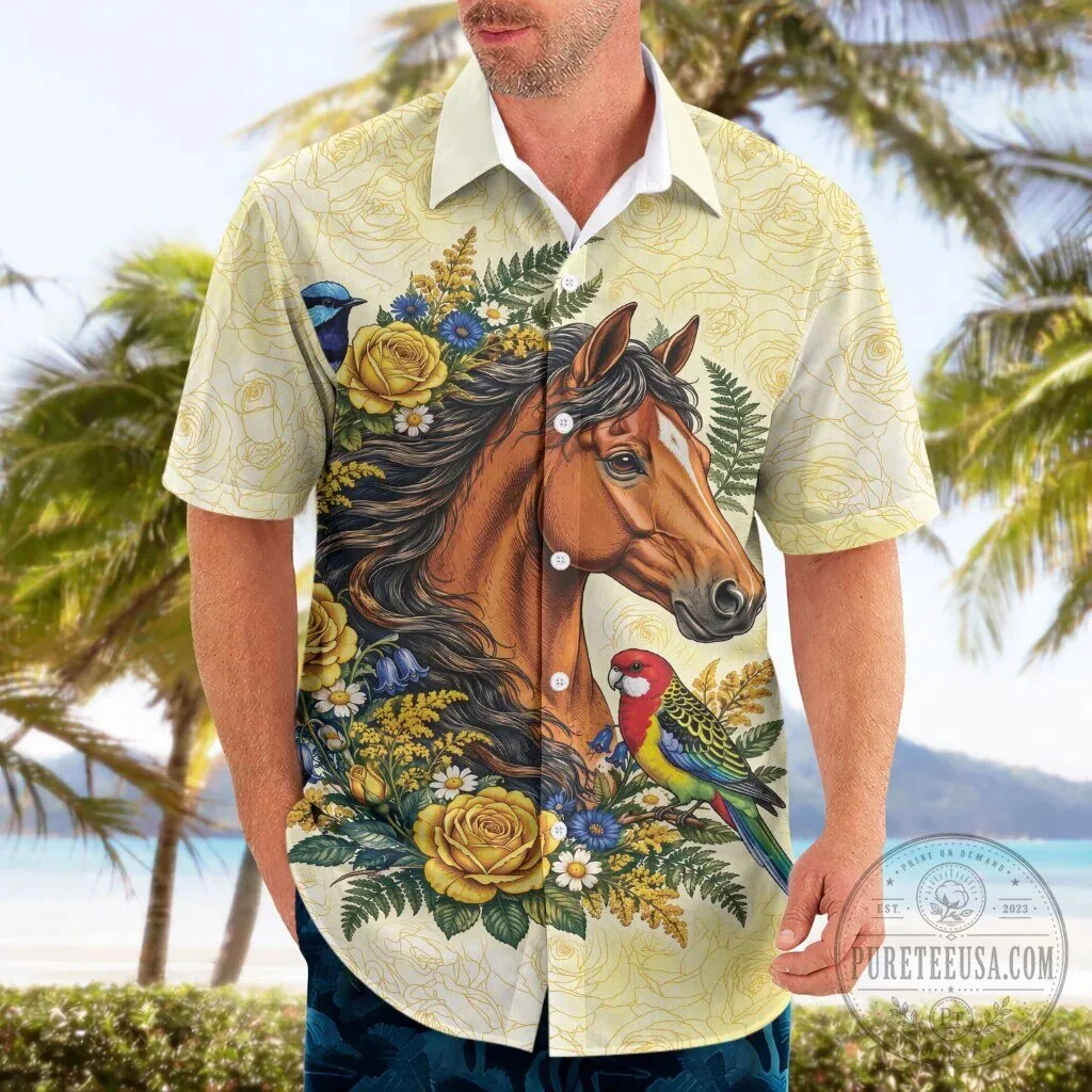 Elegant Horse and Yellow Rose Wreath Hawaiian Shirt with Australian Birds 12 Elegant Horse and Yellow Rose Wreath Hawaiian Shirt with Australian Birds