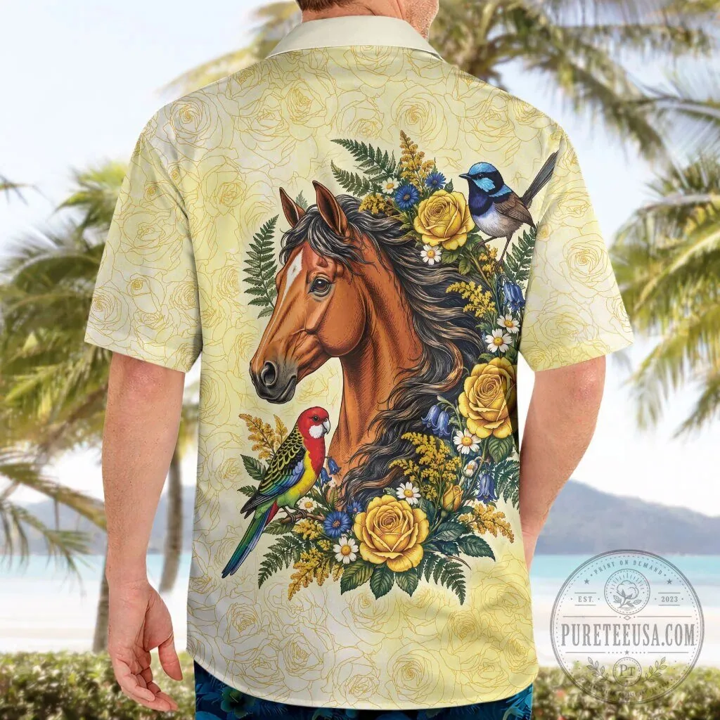 Elegant Horse and Yellow Rose Wreath Hawaiian Shirt with Australian Birds 13 Elegant Horse and Yellow Rose Wreath Hawaiian Shirt with Australian Birds