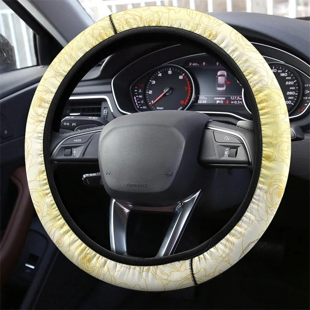Yellow Rose Floral Pattern Steering Wheel Cover for Car Interior Decoration 3 Yellow Rose Floral Pattern Steering Wheel Cover for Car Interior Decoration