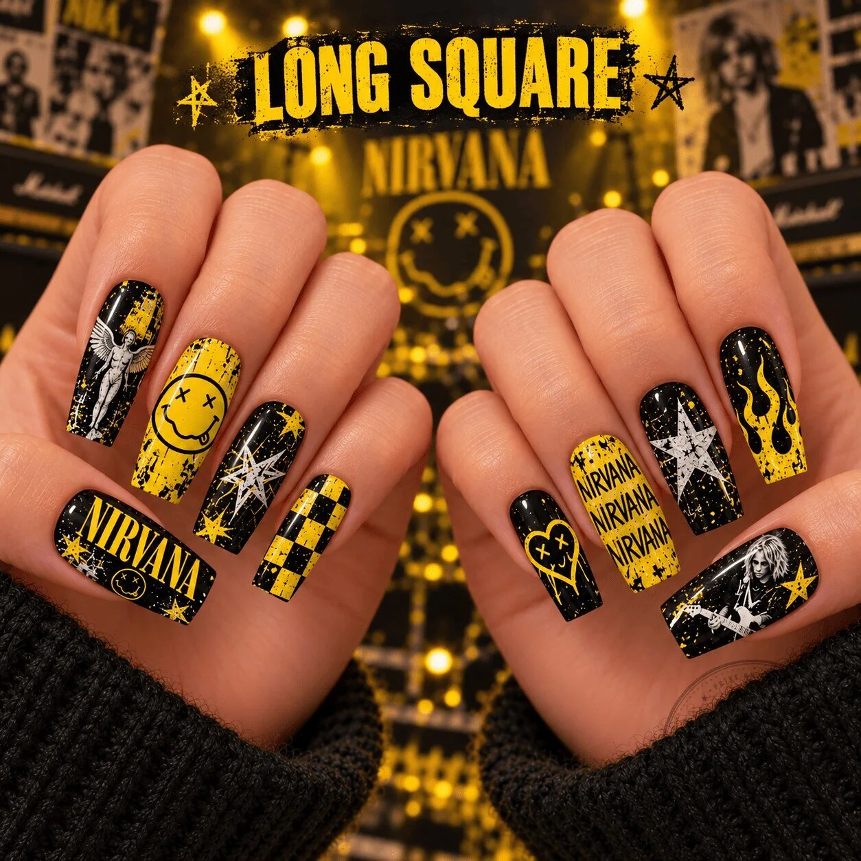 Nirvana Nevermind Grunge Album Art Long Square Press-On Nails Set 2 Nirvana Nevermind Grunge Album Art Long Square Press-On Nails Set