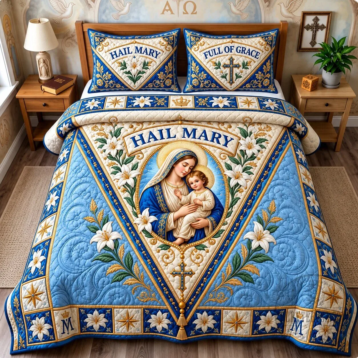 Virgin Mary and Baby Jesus Hail Mary Full of Grace Quilted Bedding Set 2 Virgin Mary and Baby Jesus Hail Mary Full of Grace Quilted Bedding Set