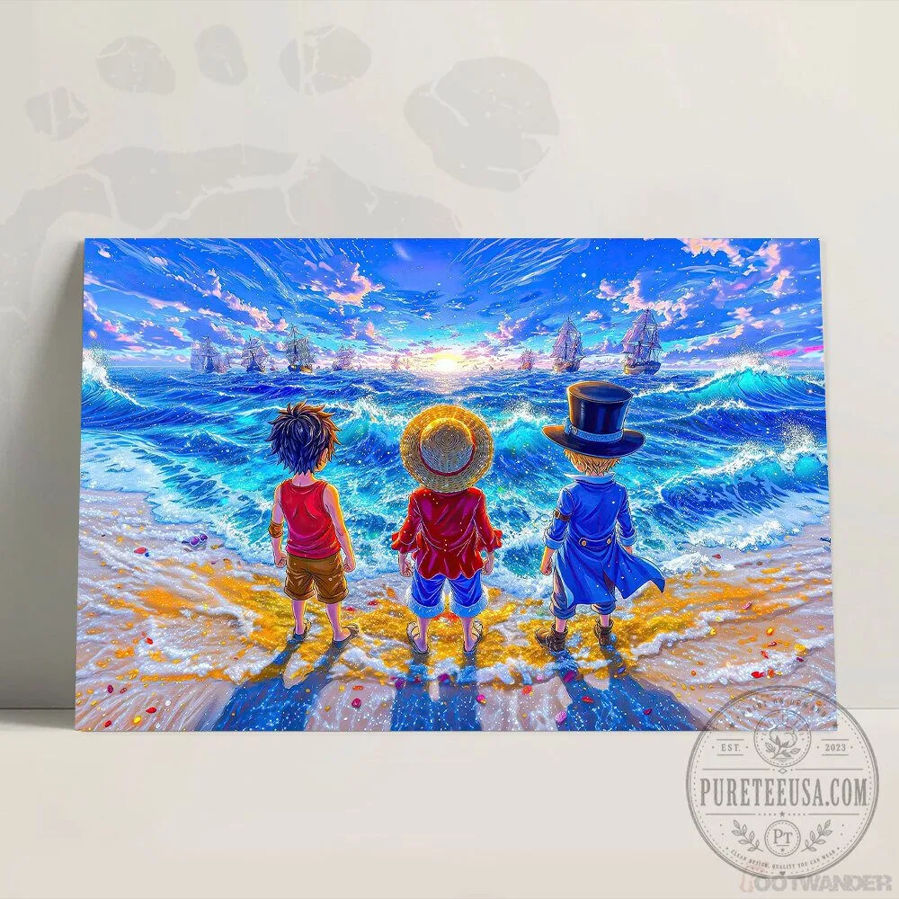 One Piece Anime Luffy Sabo Ace Brothers Beach Sunset Ocean Canvas Wall Art