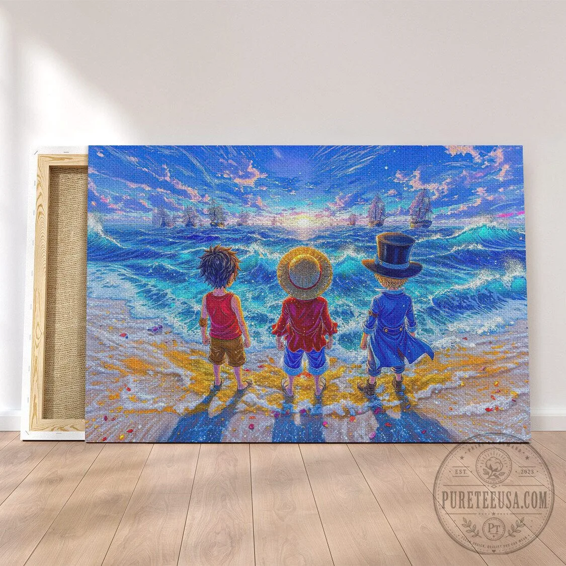 One Piece Anime Luffy Sabo Ace Brothers Beach Sunset Ocean Canvas Wall Art 3 One Piece Anime Luffy Sabo Ace Brothers Beach Sunset Ocean Canvas Wall Art