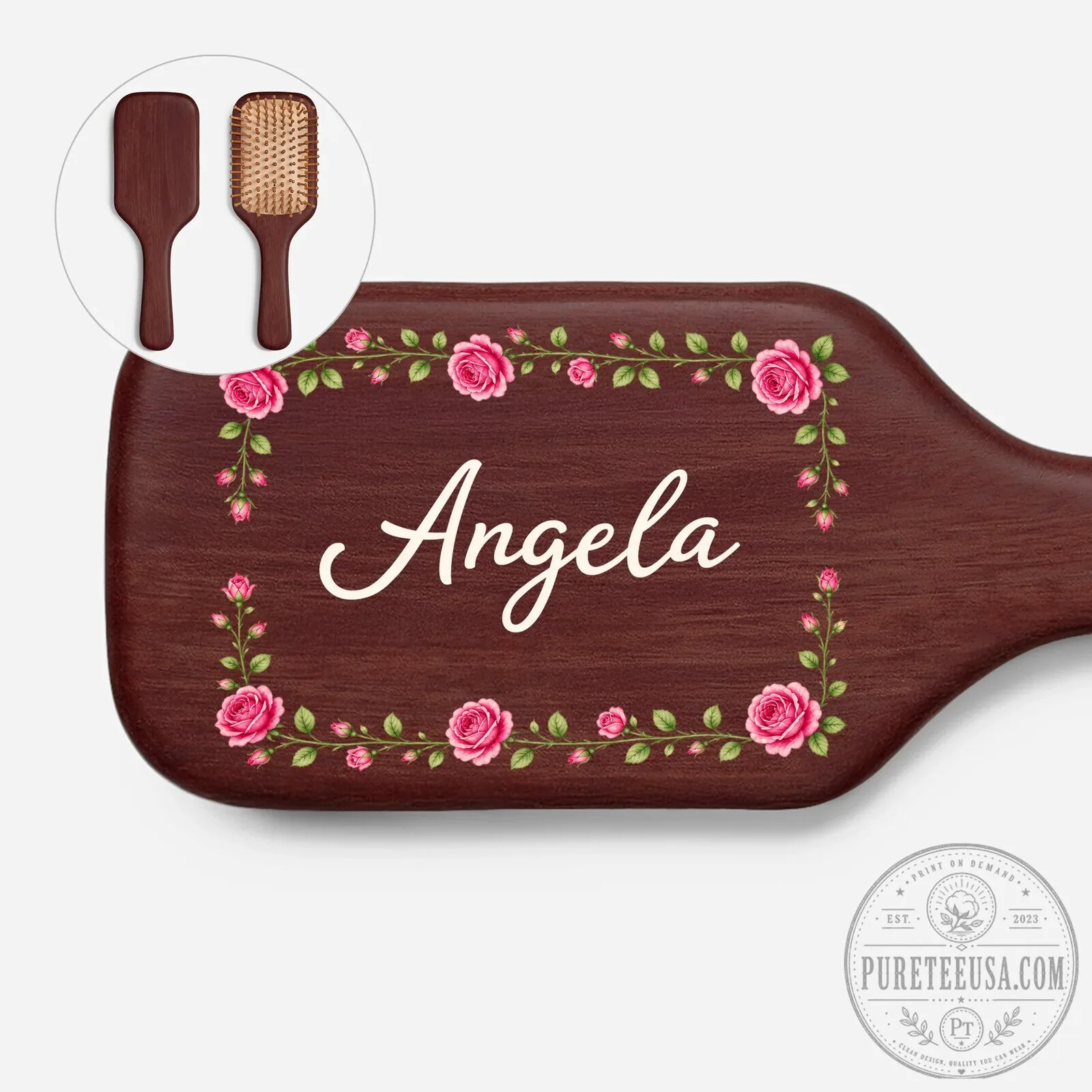Personalized Wooden Hair Brush with Custom Name and Rose Floral Frame