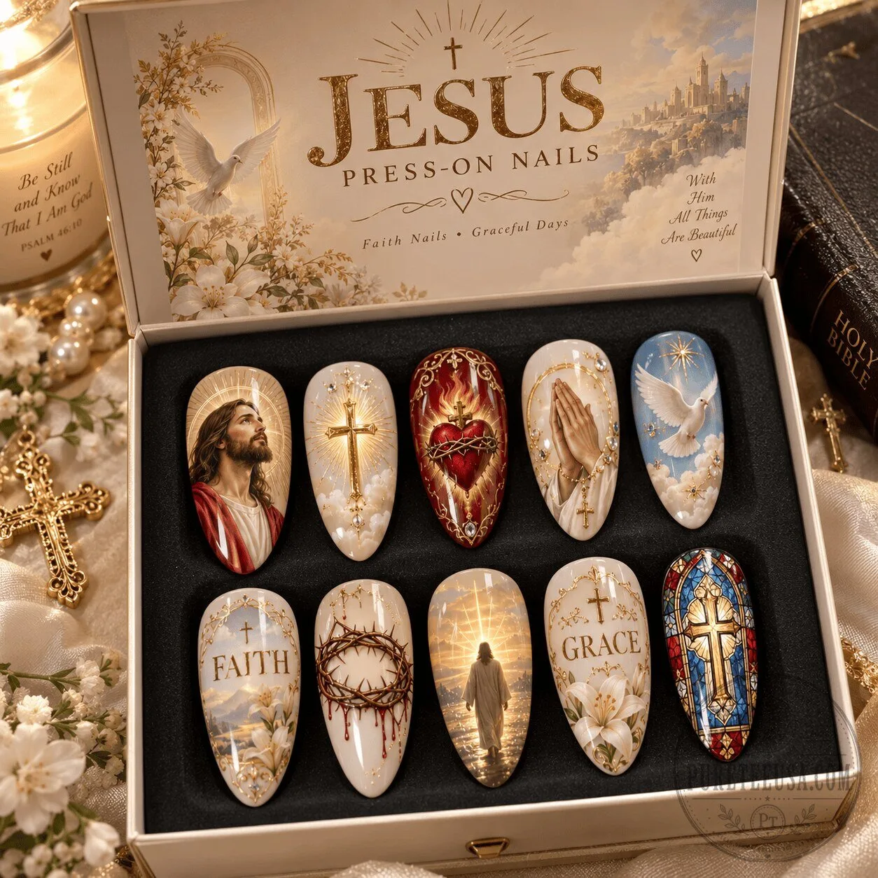 Jesus Sacred Heart and Golden Cross Press On Nail Set