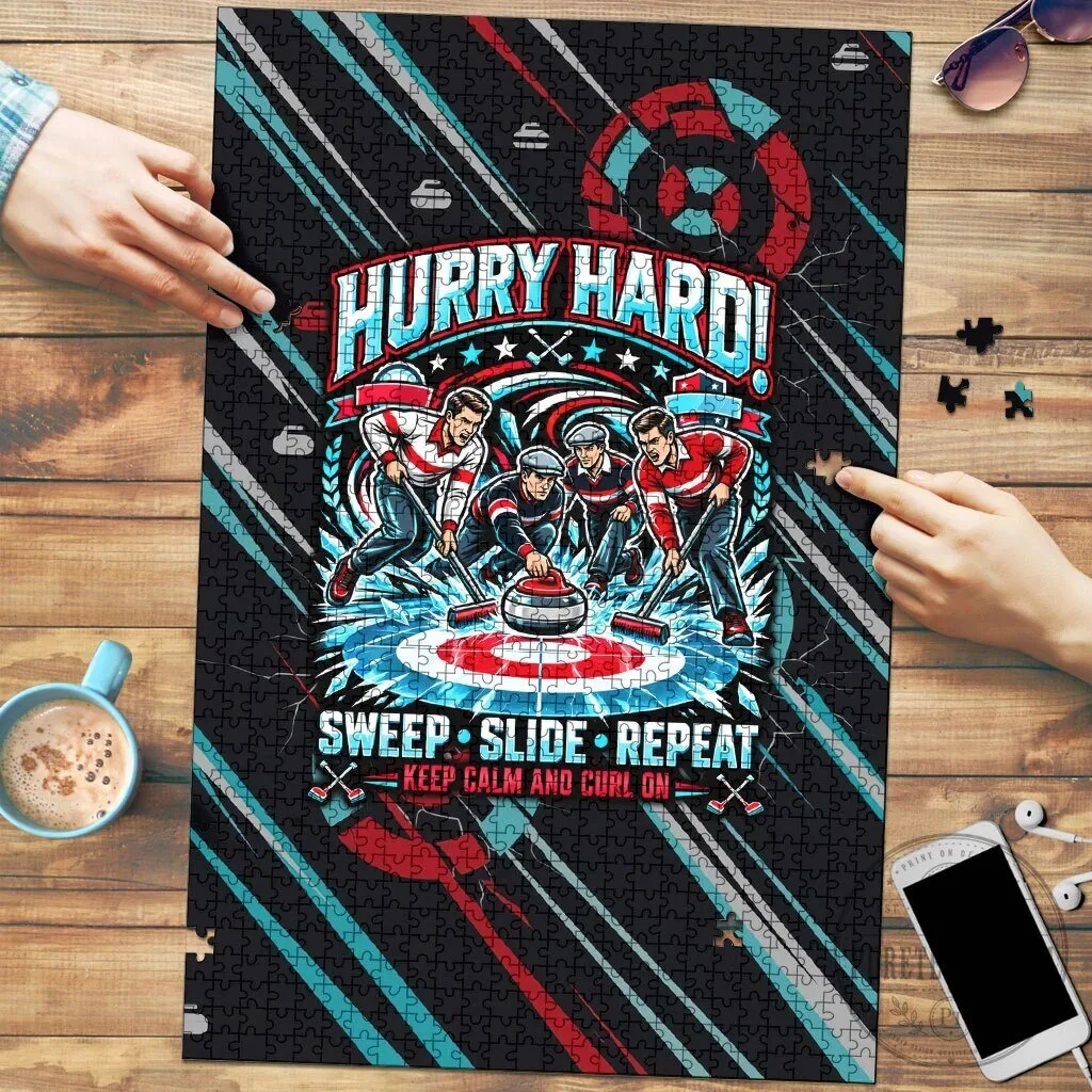 Hurry Hard Curling My House My Rules Sweep Slide Repeat Sports Quote Puzzle