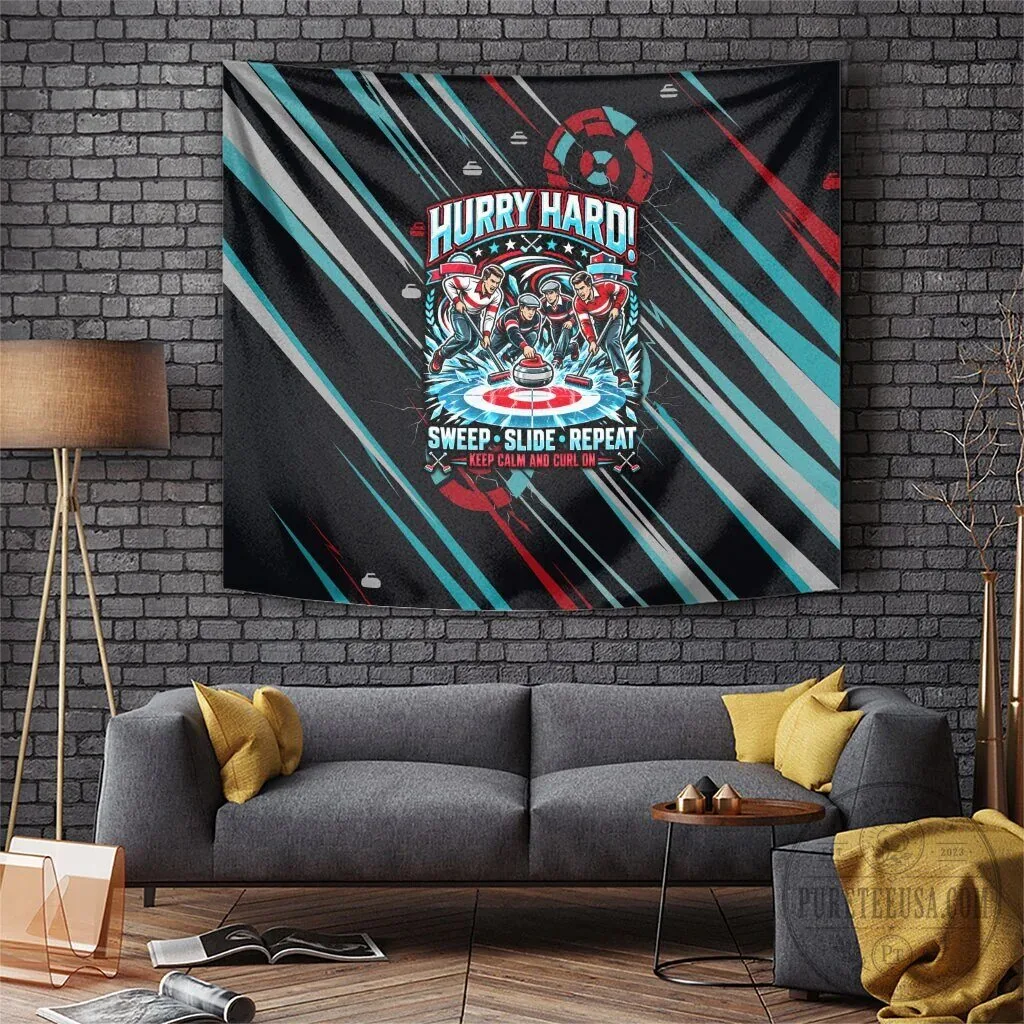 Hurry Hard Curling My House My Rules Vintage Retro Sports Quote Wall Tapestry