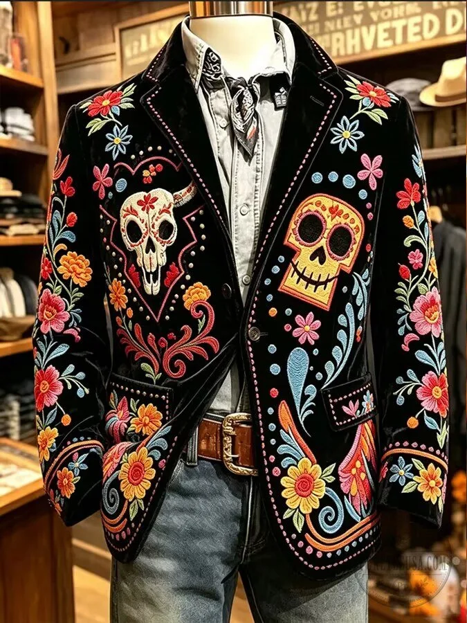 Day of the Dead Sugar Skull Embroidered Velvet Blazer Jacket for Men