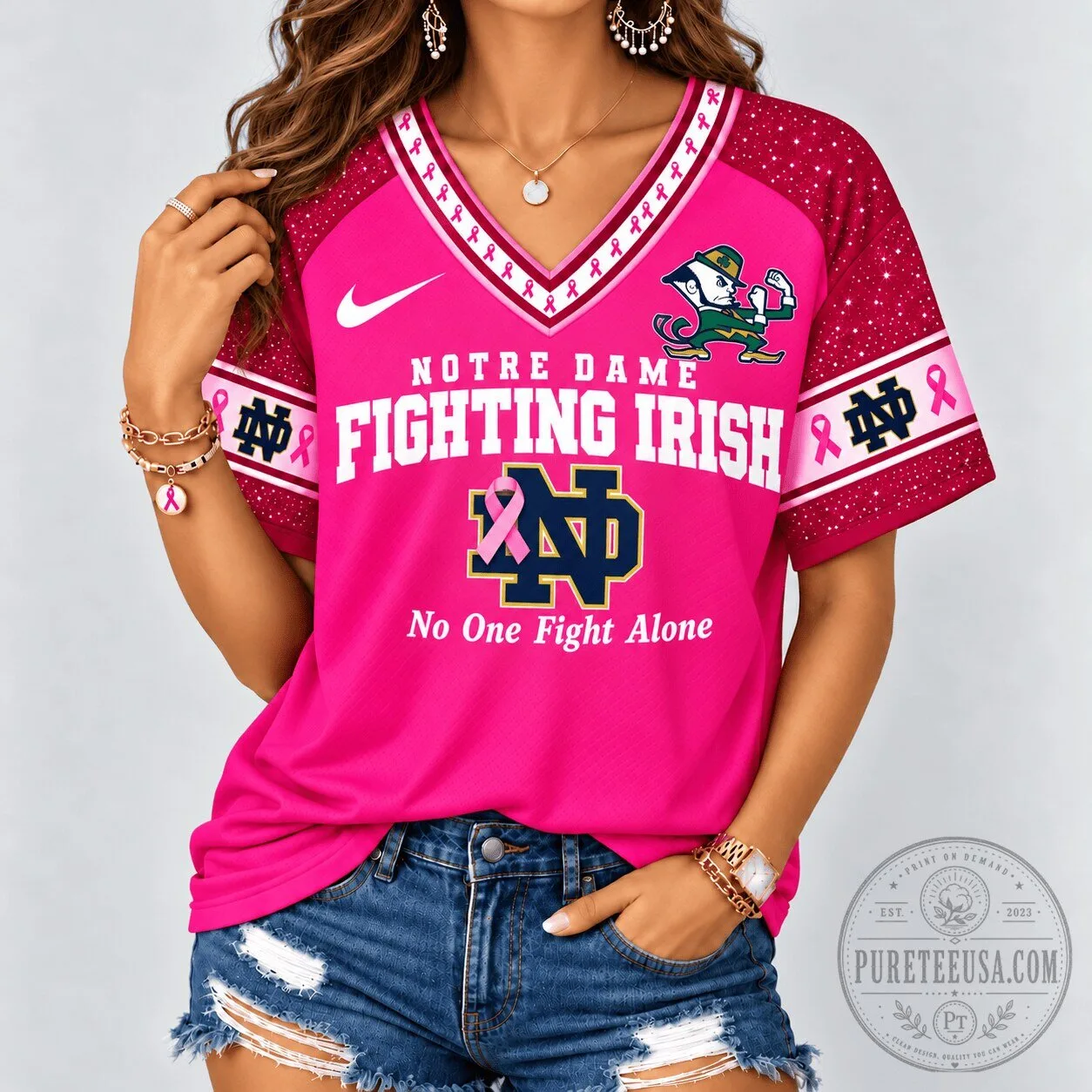 Notre Dame Fighting Irish Breast Cancer Awareness Pink V-Neck T-Shirt 2 Notre Dame Fighting Irish Breast Cancer Awareness Pink V-Neck T-Shirt