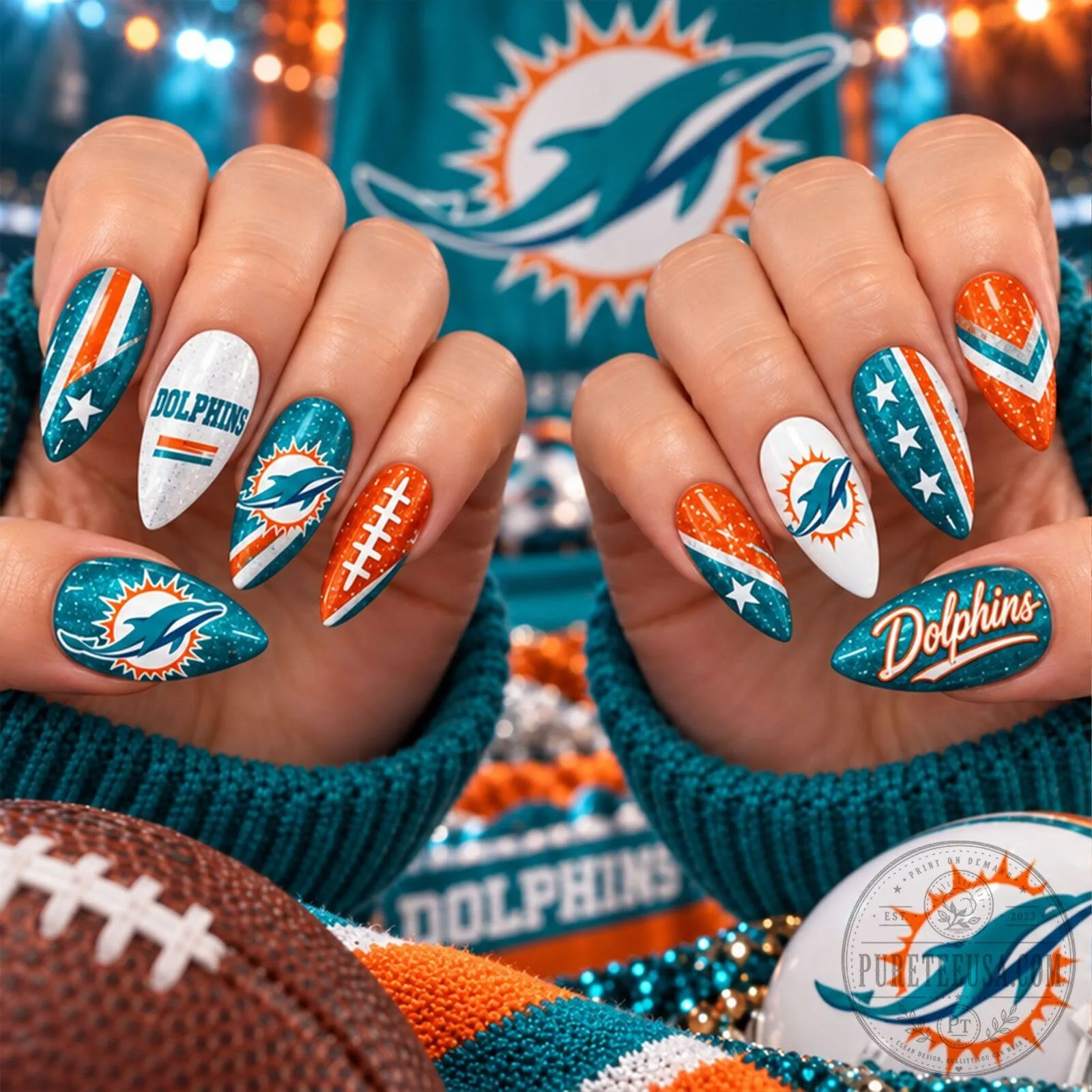 Miami Dolphins NFL Sparkle Game Day Press-On Nails