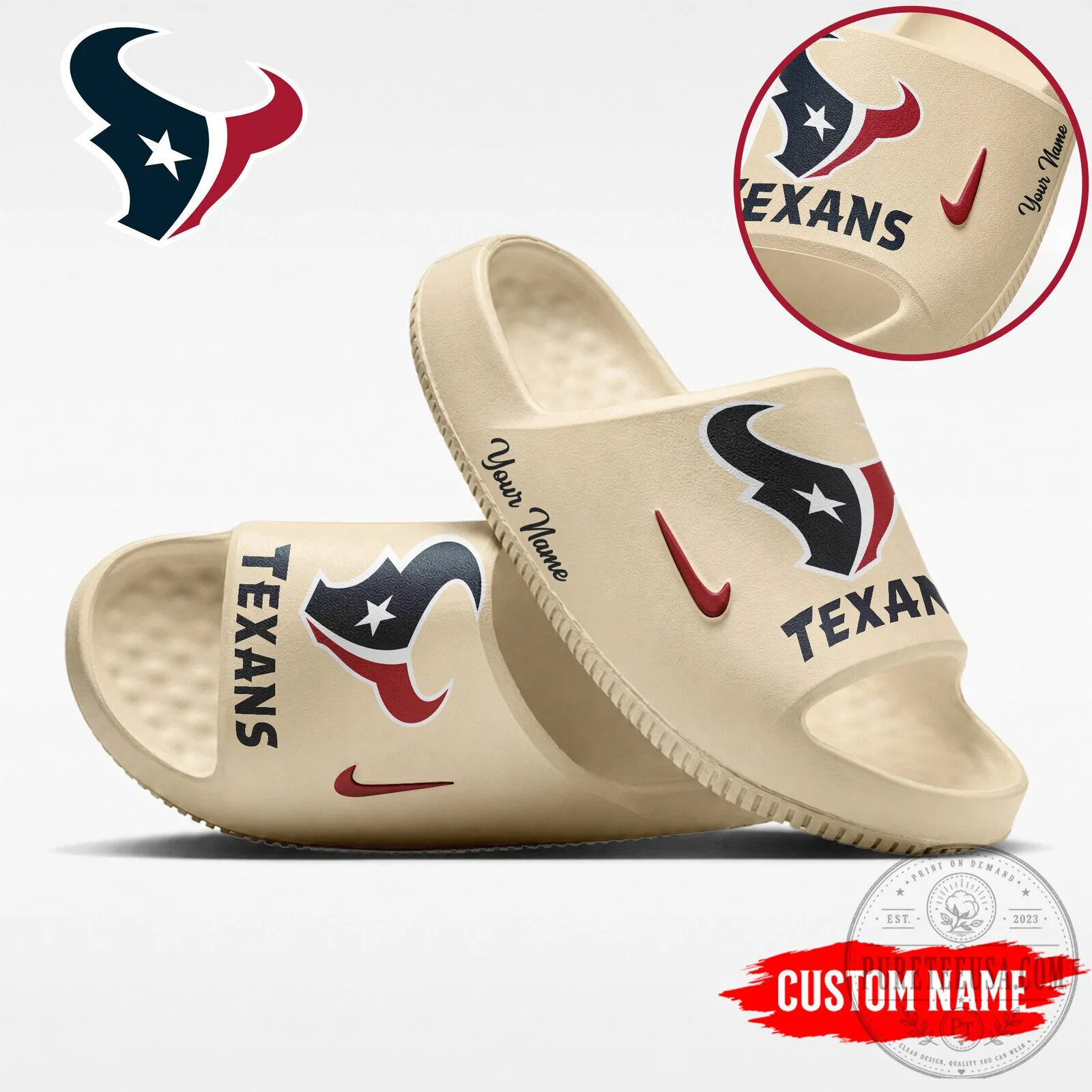 Houston Texans Custom Name Logo Design Comfortable Unisex Beach Sandals