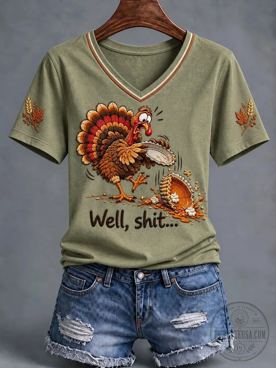 Funny Thanksgiving Turkey Dropped Pie Graphic V-Neck Short Sleeve T-Shirt 5 Funny Thanksgiving Turkey Dropped Pie Graphic V-Neck Short Sleeve T-Shirt