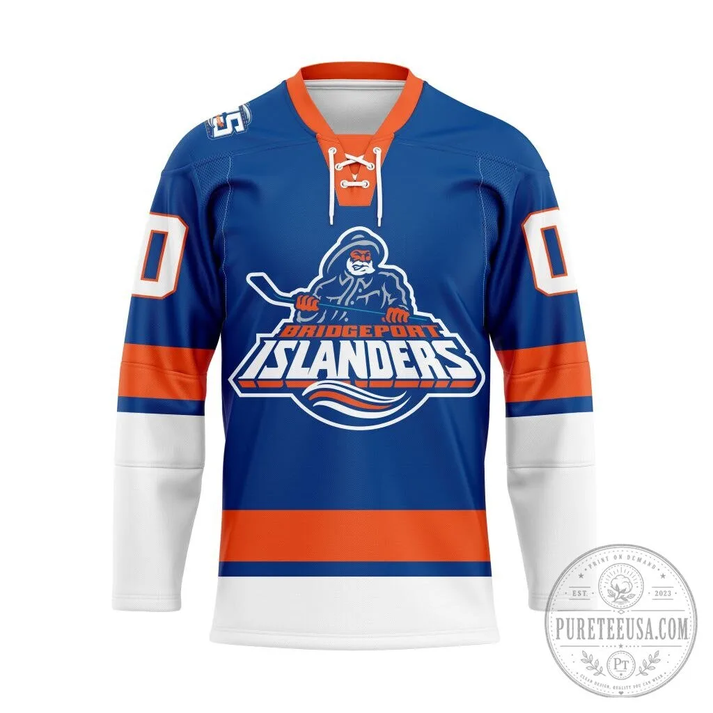 Bridgeport Islanders Blue and Orange Hockey Team Jersey with Lace-Up Collar