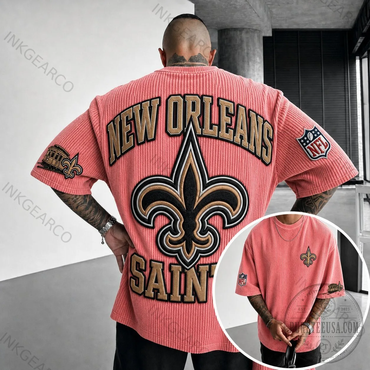 Corduroy Short Sleeve T-Shirt with New Orleans Saints NFL Team Logo