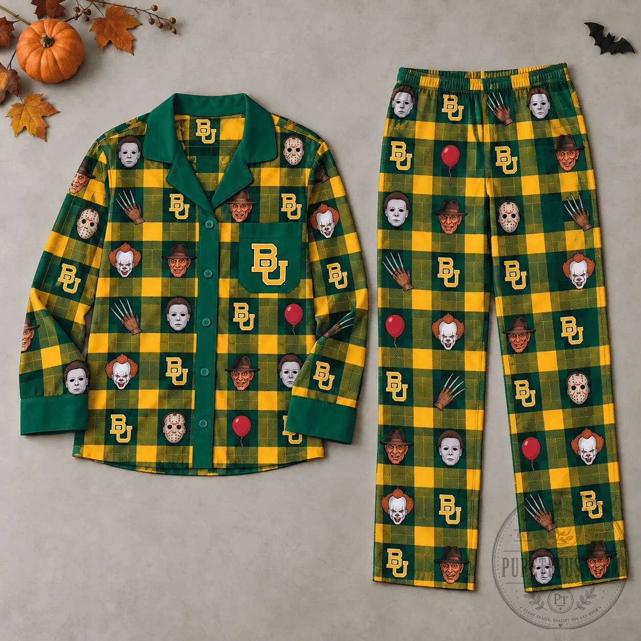 Baylor Bears Halloween Horror Movie Characters Plaid Pajamas Set
