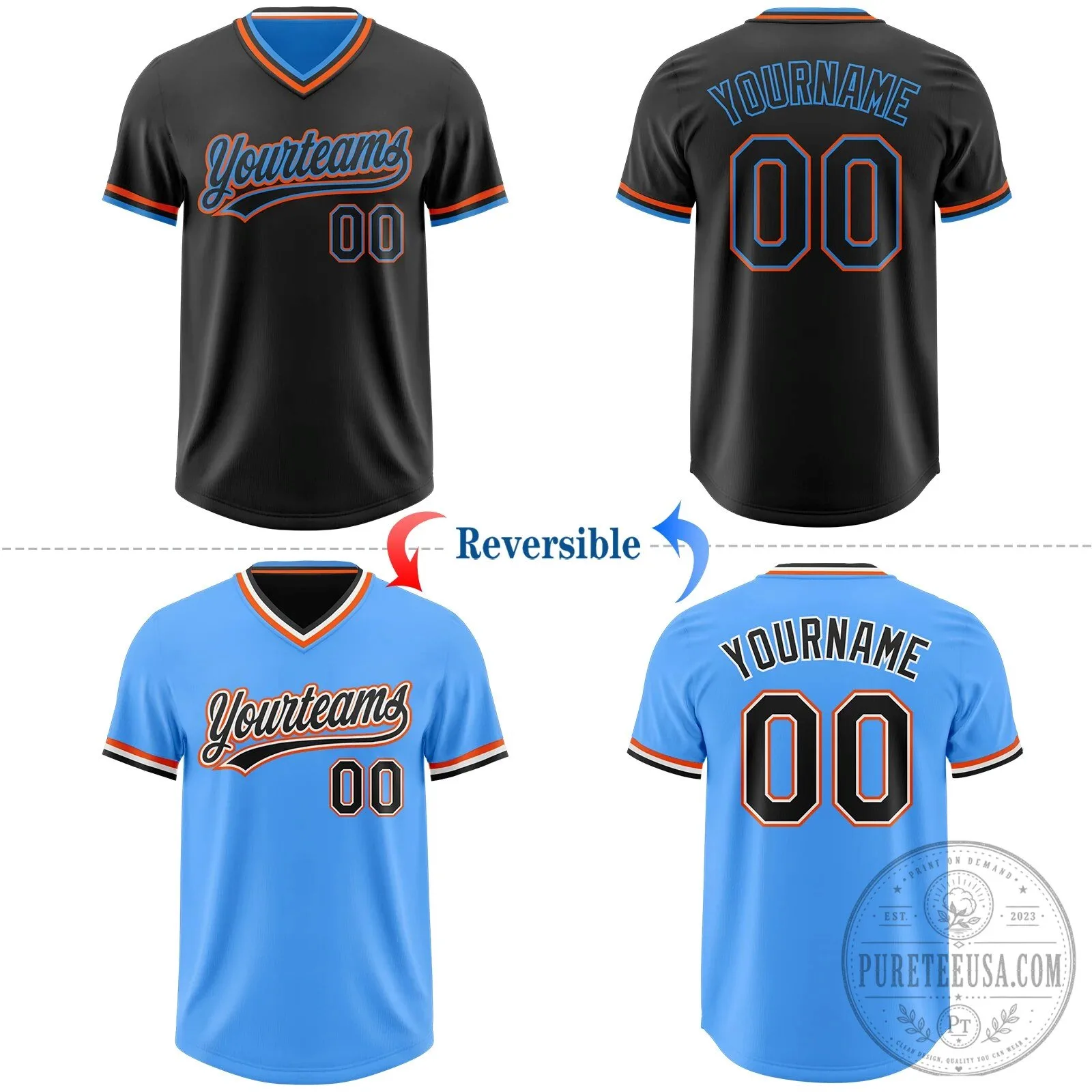 Custom Black Electric Blue Orange Reversible Pullover Baseball Jersey Shirt 10 Custom Black Electric Blue Orange Reversible Pullover Baseball Jersey Shirt