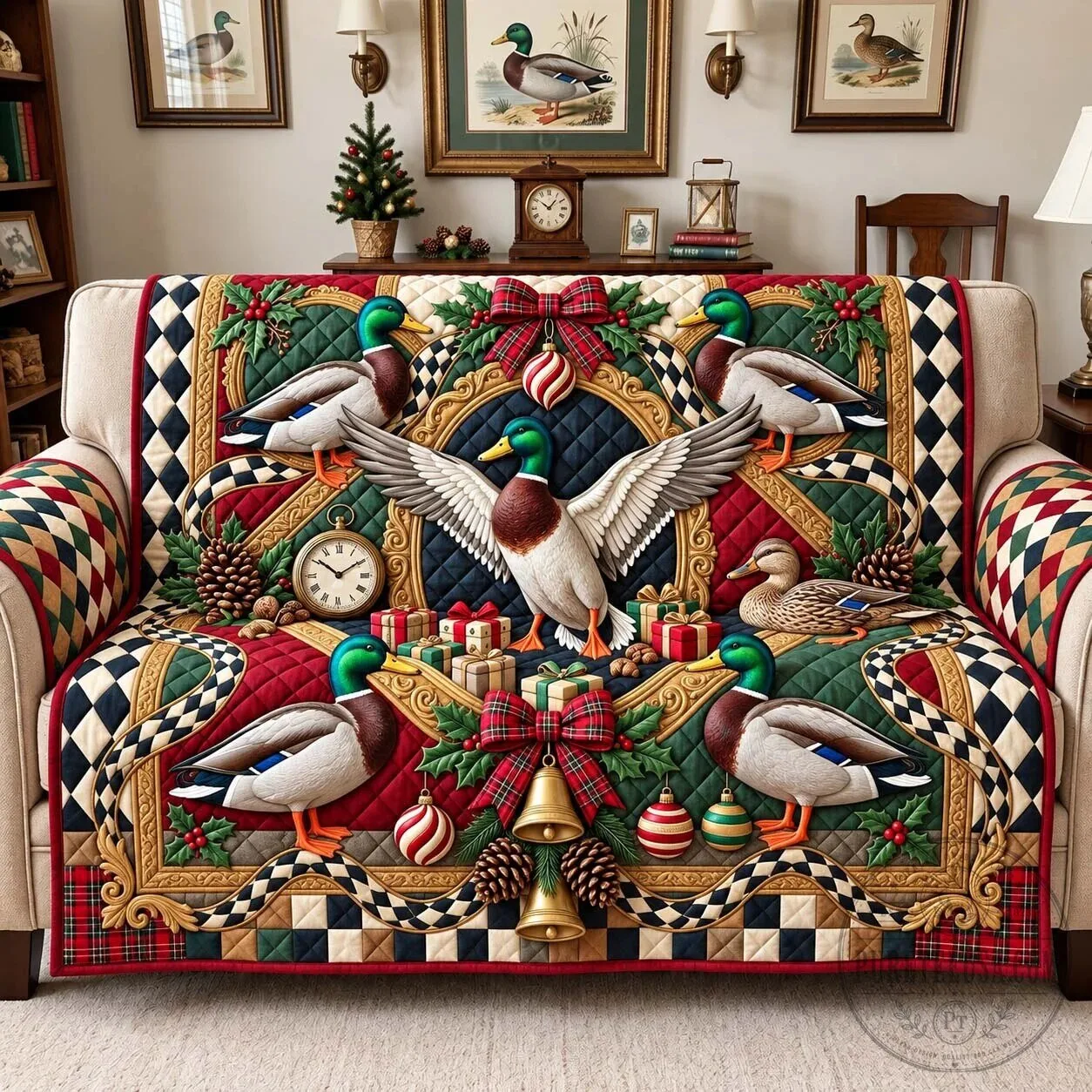 Mallard Duck Christmas Quilted Sofa Cover for Living Room Decor