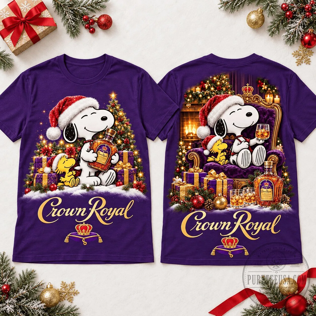 Snoopy Crown Royal Christmas Whisky Holiday Purple T-Shirt