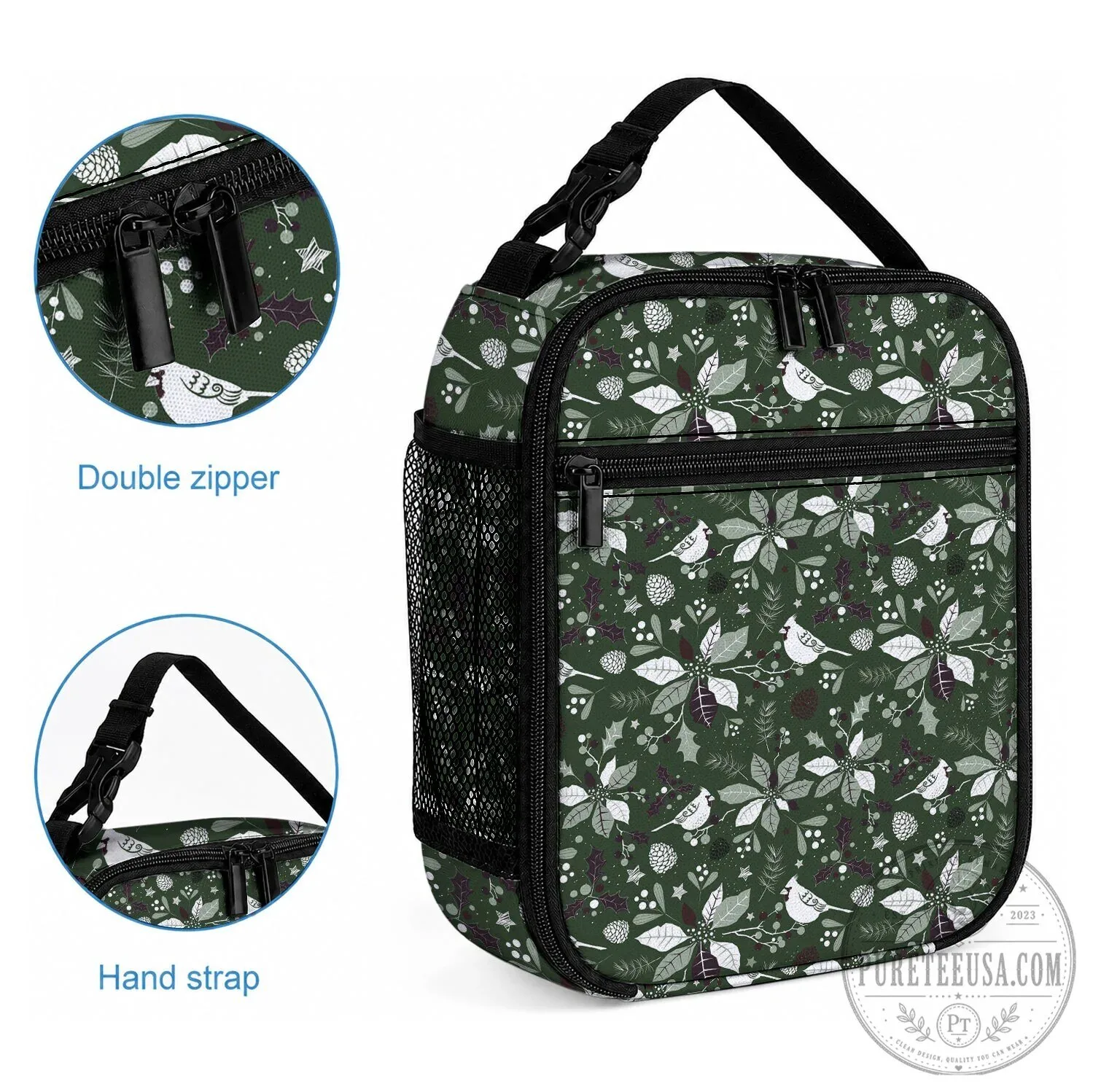 Christmas Cardinal Bird and Poinsettia Pattern Insulated Lunch Bag 6 Christmas Cardinal Bird and Poinsettia Pattern Insulated Lunch Bag