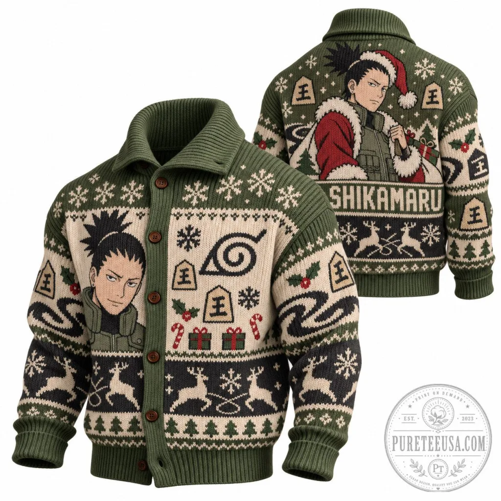 Naruto Shippuden Shikamaru Nara Christmas Holiday Knit Cardigan Sweater Naruto Shippuden Shikamaru Nara Christmas Holiday Knit Cardigan Sweater