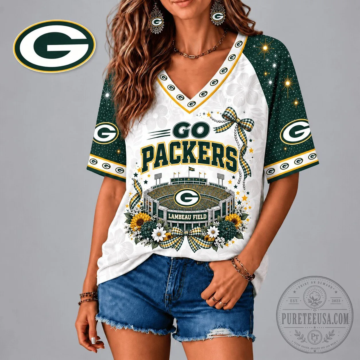 Green Bay Packers Lambeau Field Floral V-Neck T-Shirt