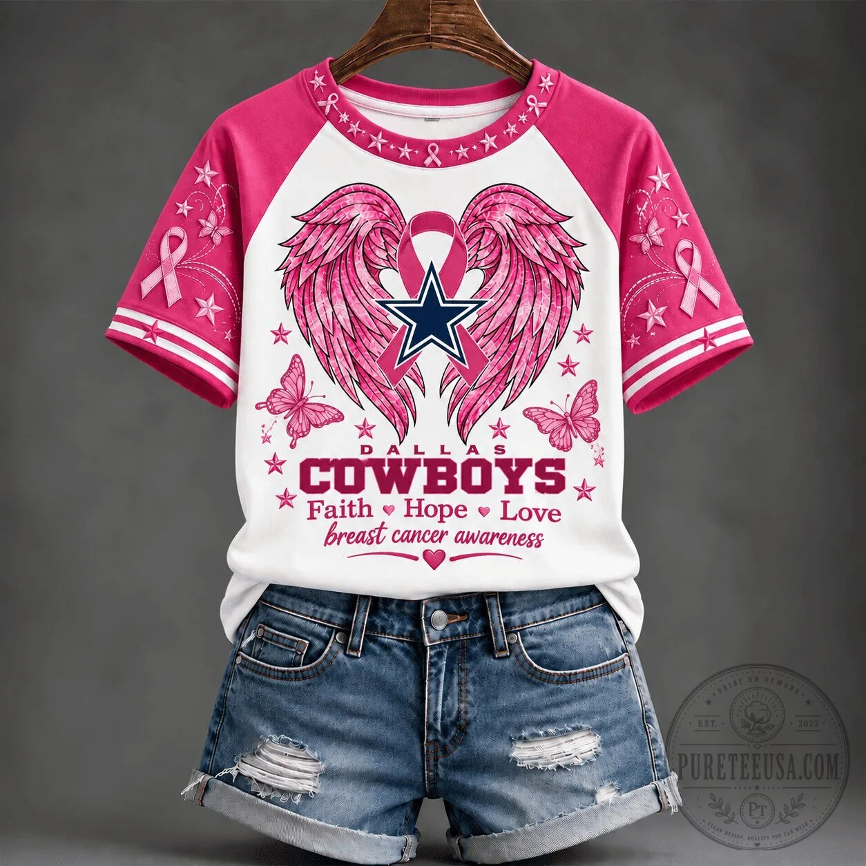 Dallas Cowboys Faith Hope Love Breast Cancer Awareness Pink Ribbon T-Shirt
