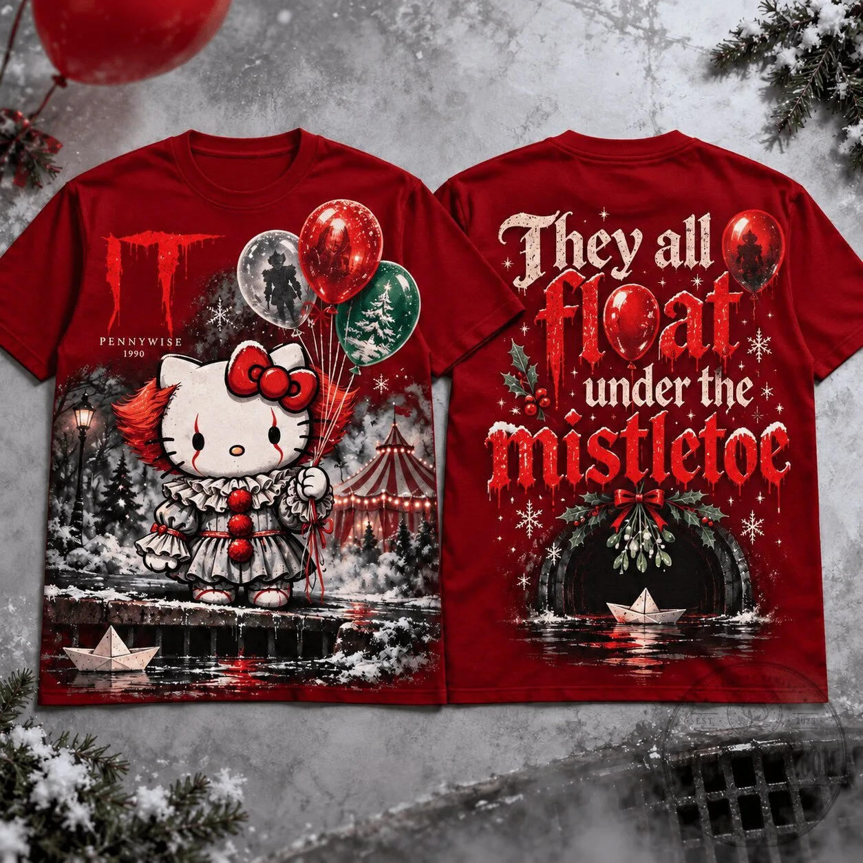 Hello Kitty Pennywise Christmas Clown They All Float Under The Mistletoe T-Shirt