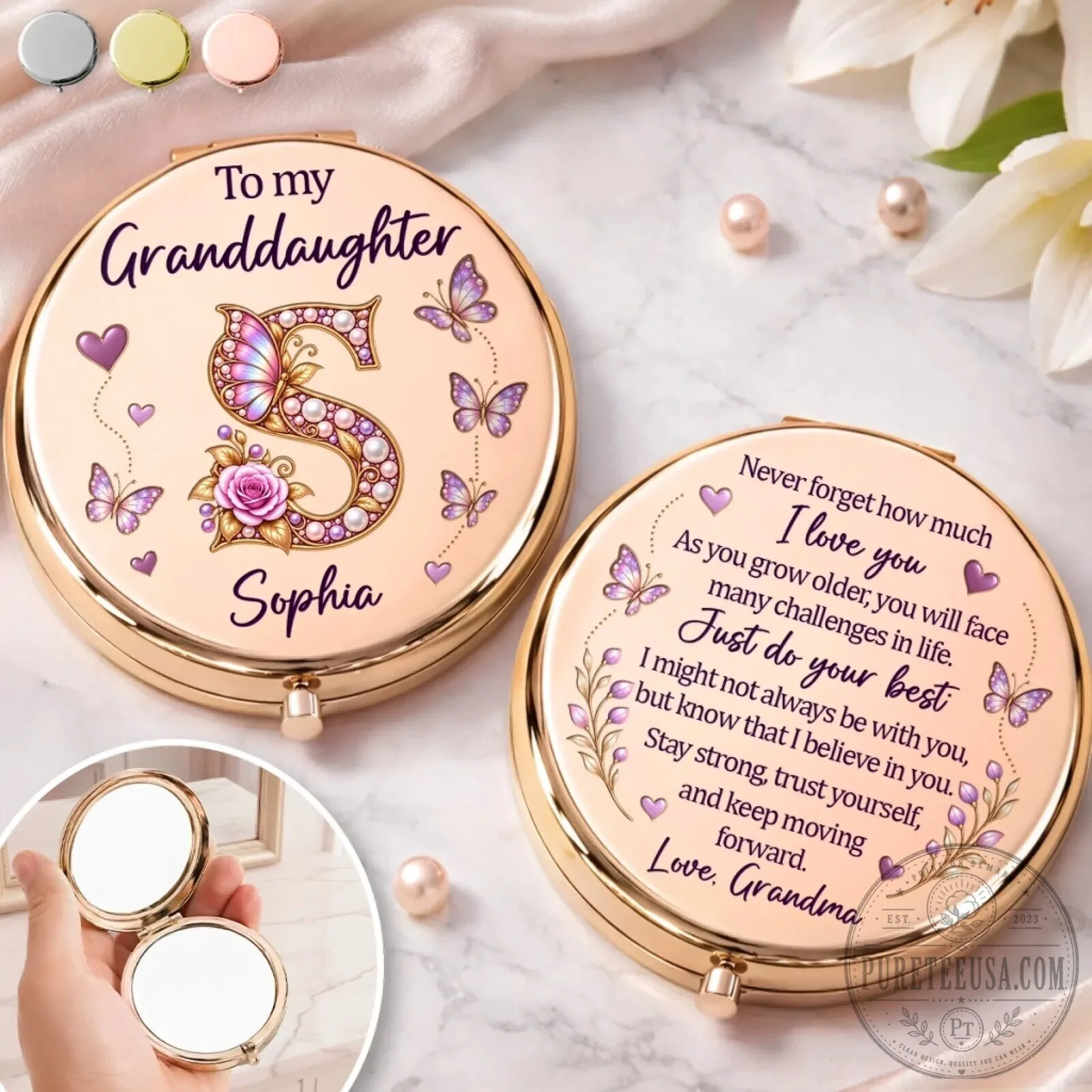 Personalized Granddaughter Initial Butterfly Compact Mirror with Grandma's Message