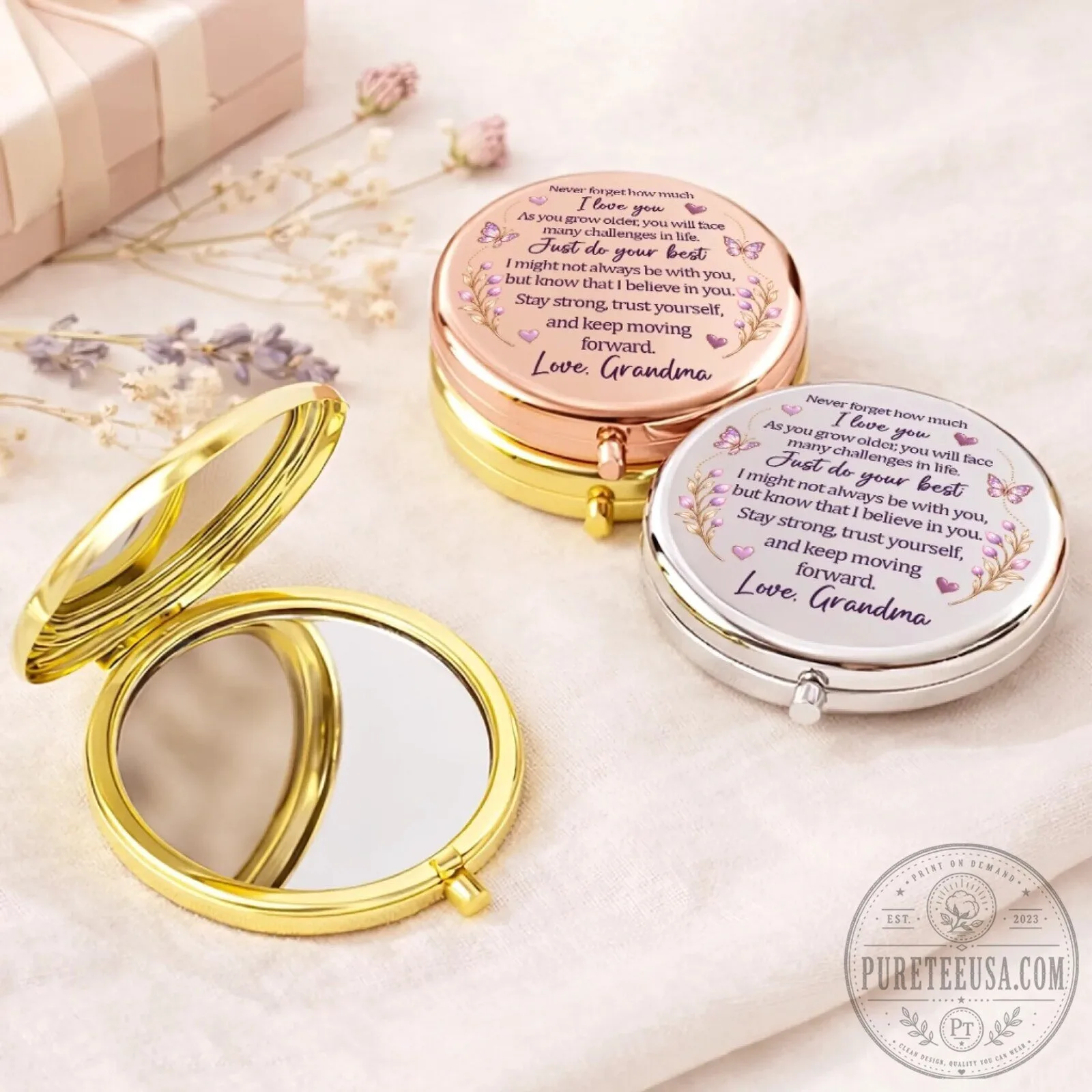 Personalized Granddaughter Initial Butterfly Compact Mirror with Grandma's Message 8 Personalized Granddaughter Initial Butterfly Compact Mirror with Grandma
