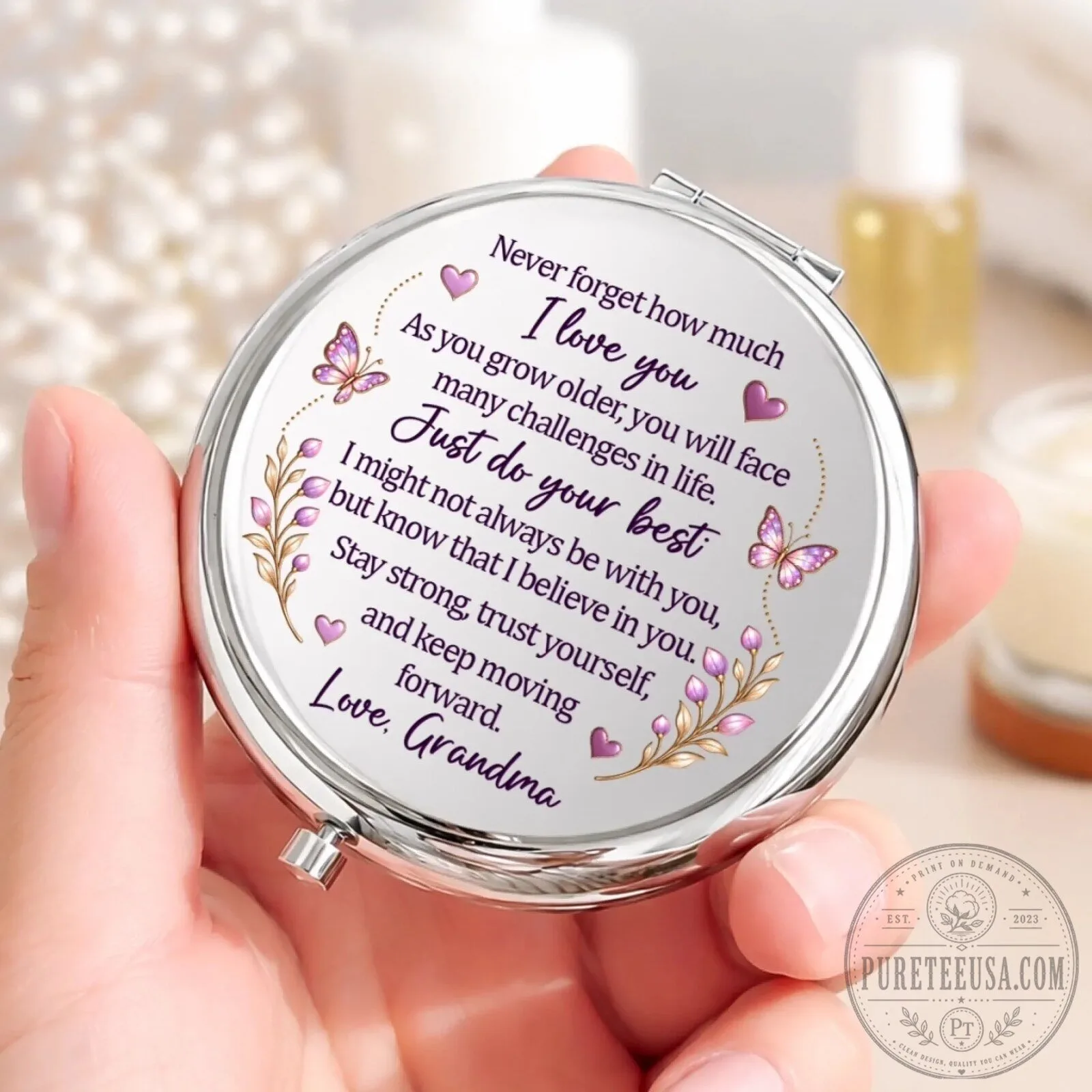 Personalized Granddaughter Initial Butterfly Compact Mirror with Grandma's Message 10 Personalized Granddaughter Initial Butterfly Compact Mirror with Grandma