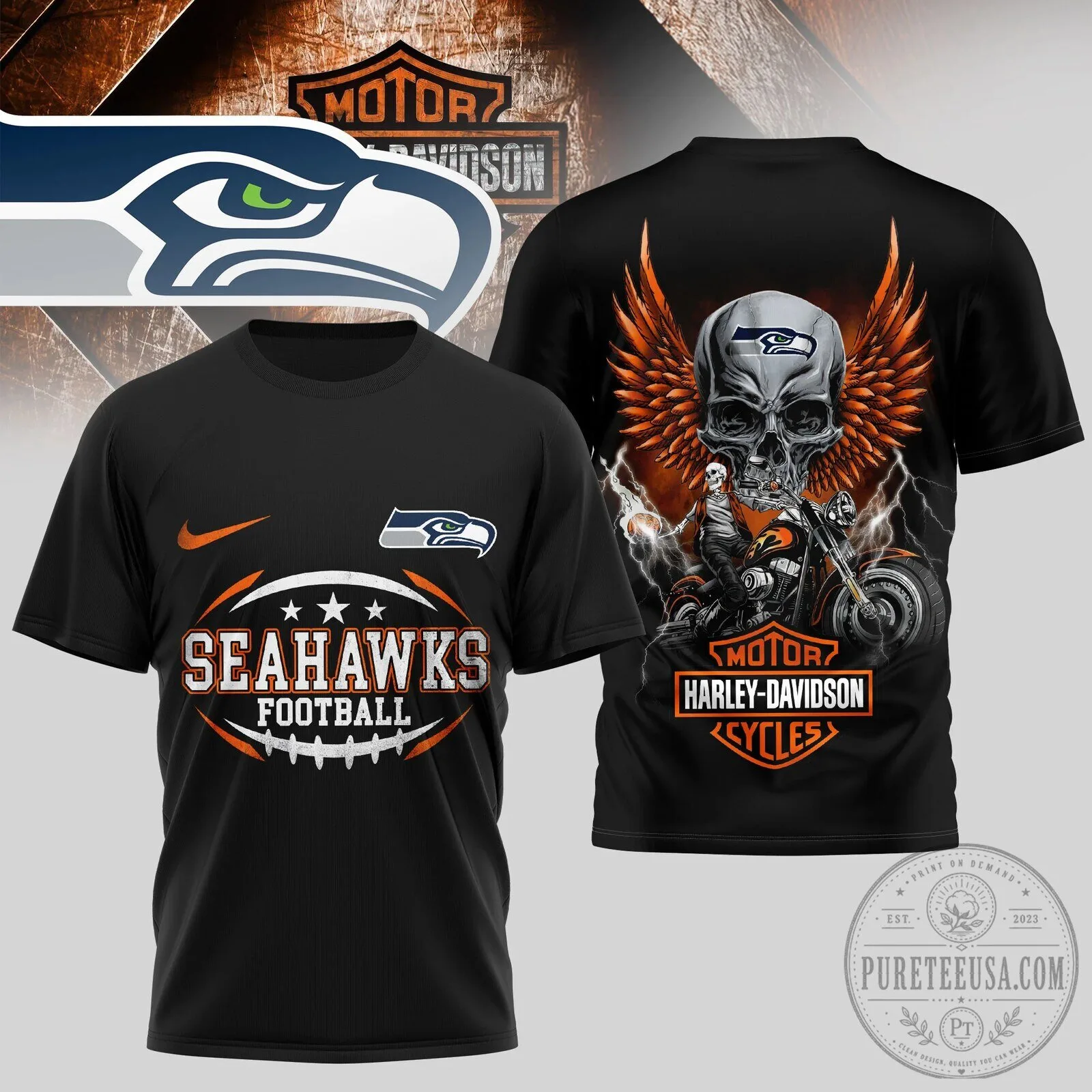 Seattle Seahawks Harley Davidson Skull Motorcycle T-Shirt