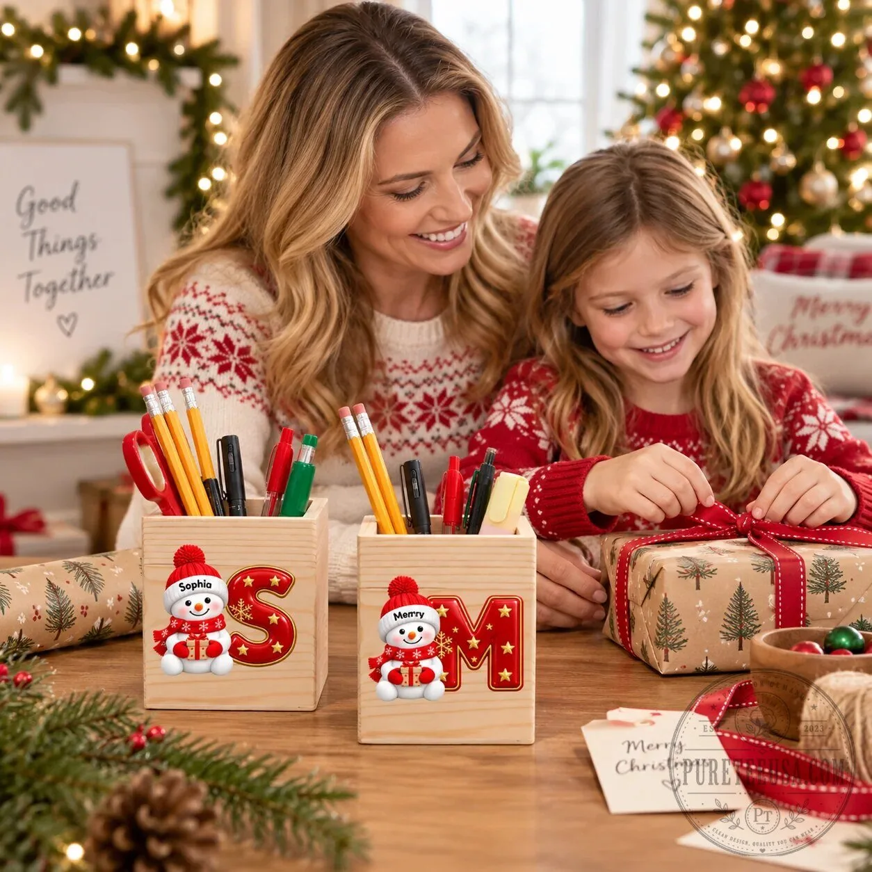 Personalized Snowman Wooden Pencil Holder Custom Name Christmas Desk Organizer
