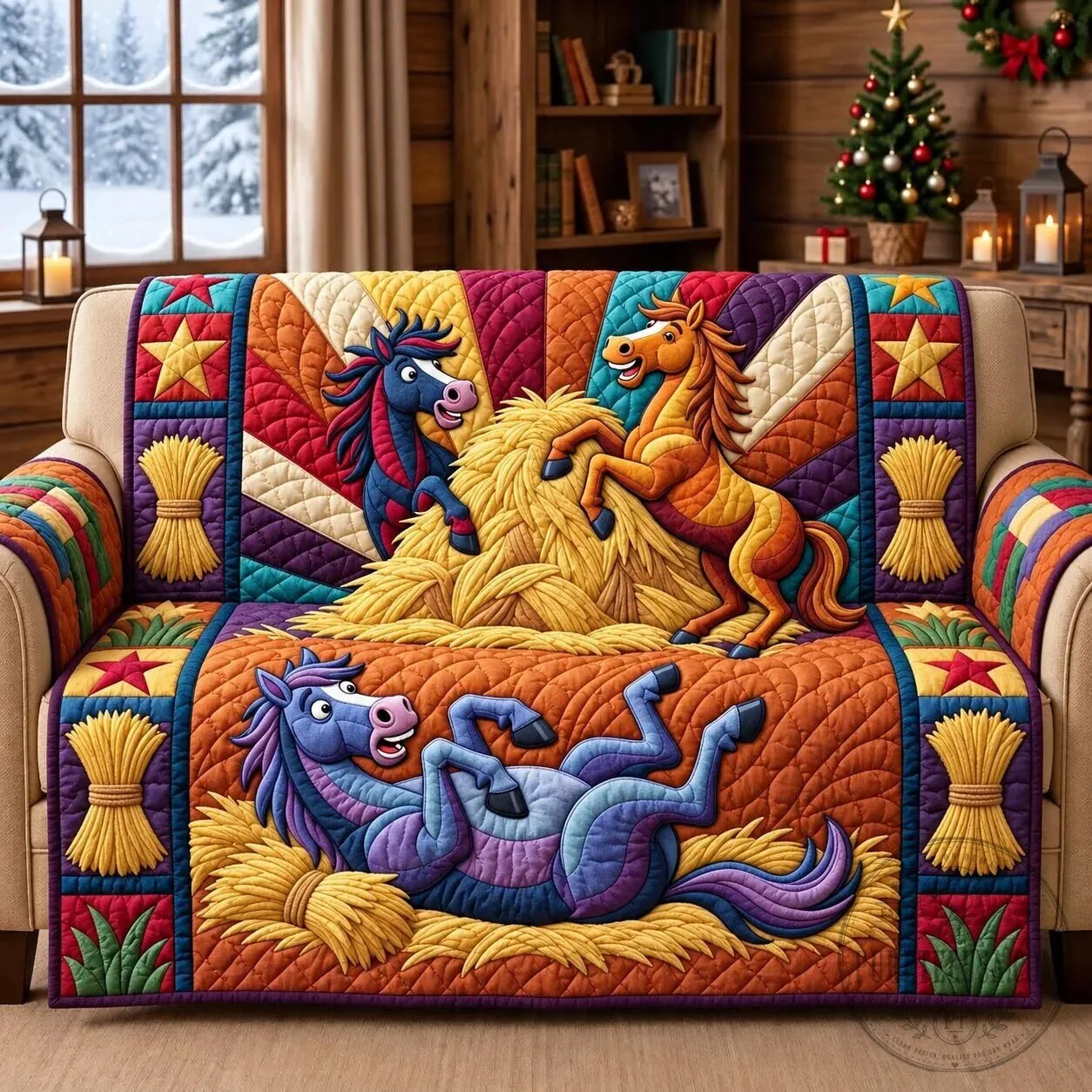 Colorful Horseplay Quilted Sofa Cover