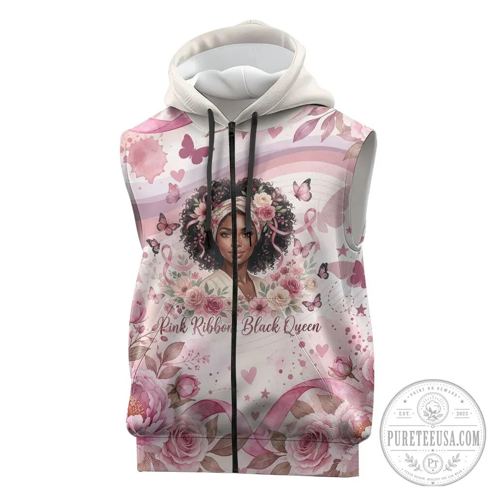 African American Breast Cancer Awareness Pink Ribbon Black Queen Sleeveless Hoodie